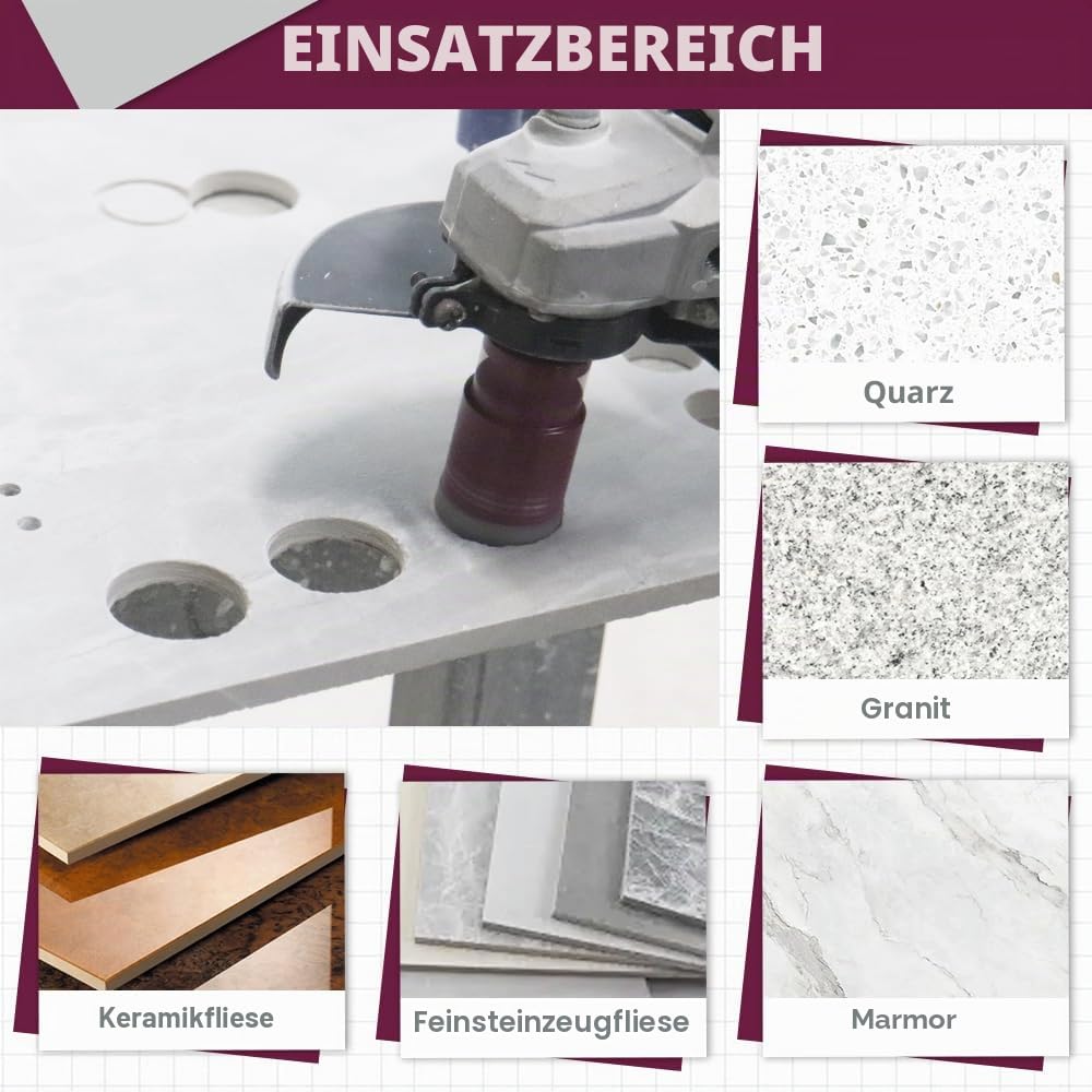 Diamant Fliesenbohrer Set 12 Stücke - 6/6/8/20/35/50/68/110mm x M14 Bohrkronen, 20mm Fingerfräser, 50mm Fasenfräser, Adapter, 125mm Schleifscheibe für Fliesen Keramik Porzellan Marmor Granit