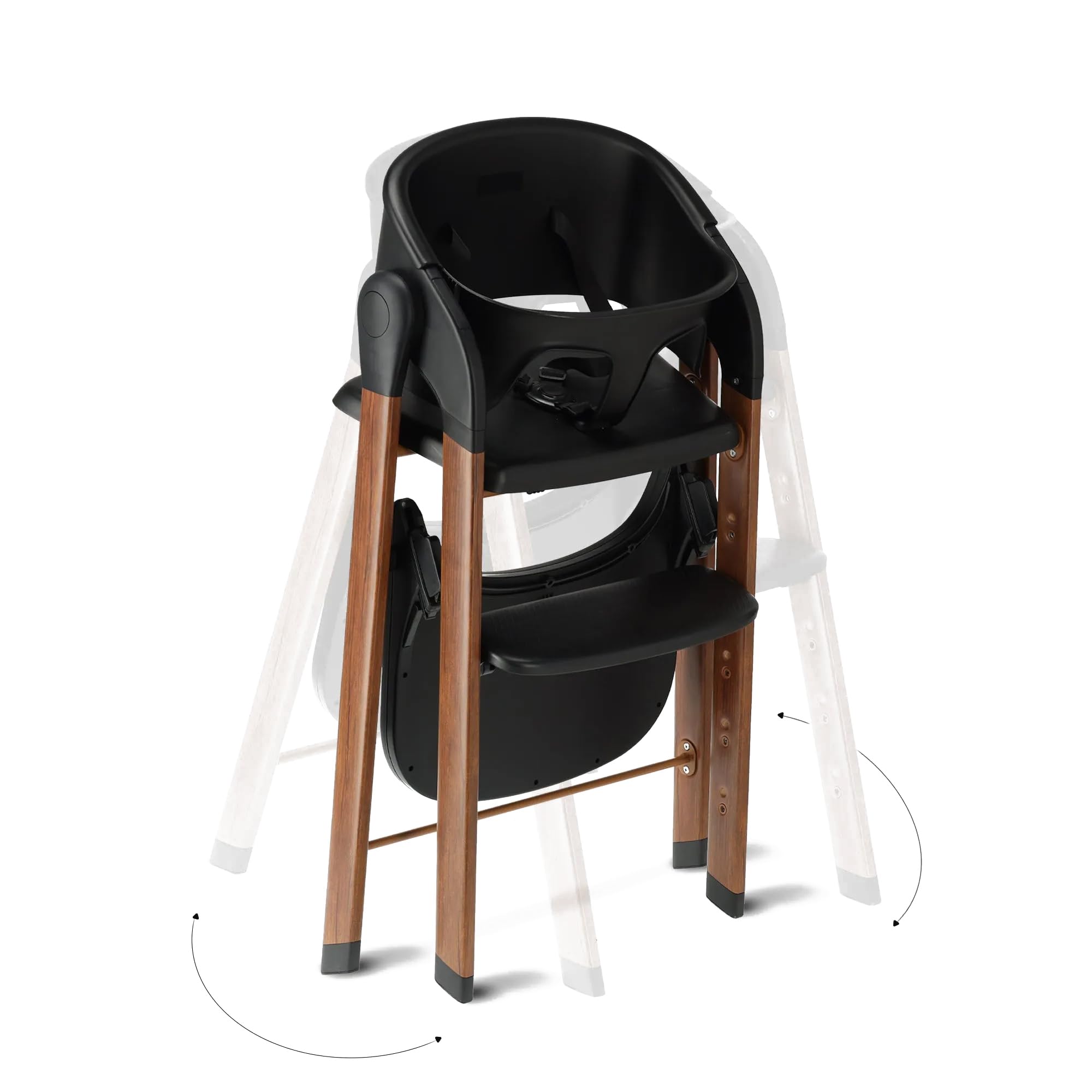 Deryan Seggiolone per bambini e bambini – Seggiolone pieghevole in legno – Include cintura a 5 punti – Regolabile in altezza e pieghevole – Include cintura di sicurezza e vassoio – Nero/Legno