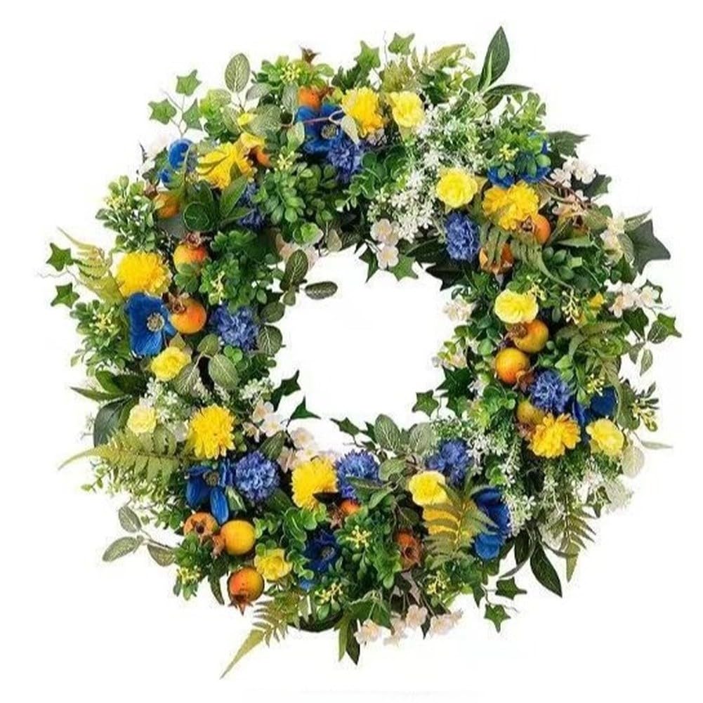 KiraKira Couronne de printemps verte et bleue de 45 cm, guirlande de fleurs artificielles en soie pour porte, mur, intérieur, extérieur, décoration saisonnière