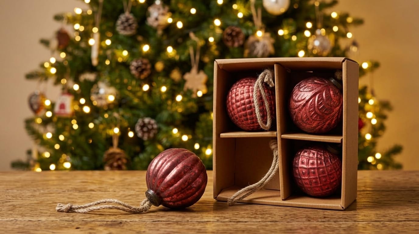 Pravenu Christmas Tree Ball Ornaments Set of 4, Red Decorative Hanging Baubles with Textured Finish, Christmas Tree Decorations for Holiday, Wreath, Garland, Party & Festive Home Decor, 3 Inch 1
