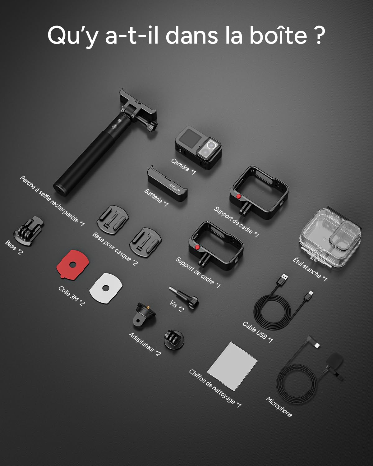 SJCAM SJ20 Caméra d'action 4K Double Objectif, Étanche 30m, Double Écran, Stabilisation 6 Axes, Autonomie 150 Min, Idéale Vlog Moto Plongée, Kit Perche Selfie + Microphone, sans Carte