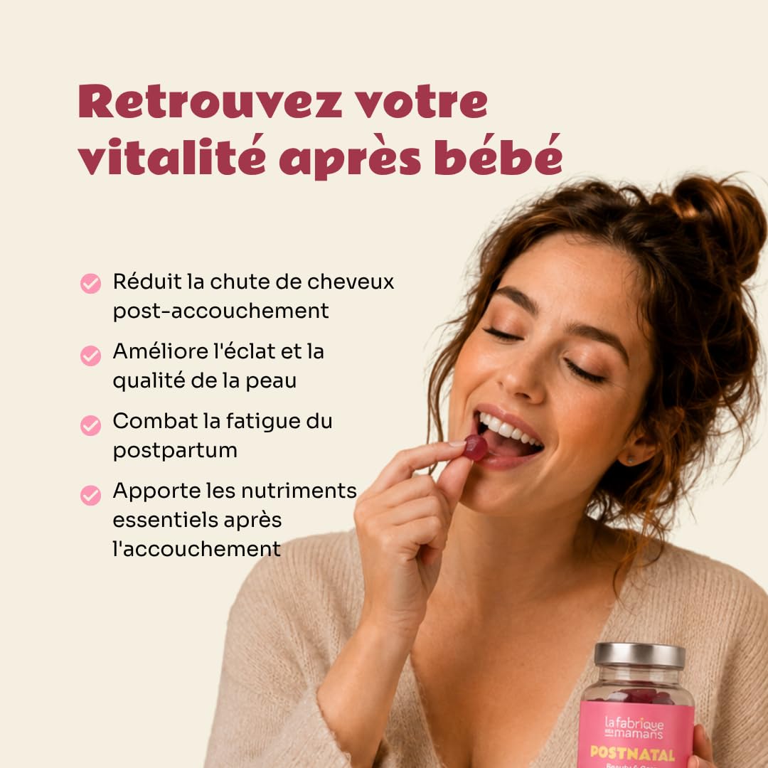 Postpartum - 60 Gummies vegan sans sucres - Complément Alimentaire - Biotine - Croissance Pousse et Renforcement des Cheveux - Régénération de la Peau - Fabriqué en France - La Fabrique des Mamans.