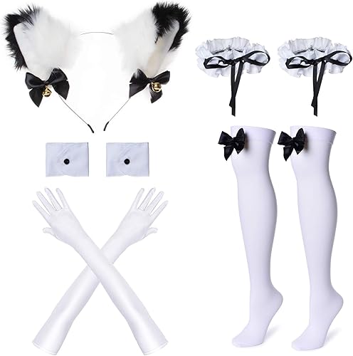 Miniatura 5 de Juego disfraz anime de sirvienta francesa con set de medias y orejas de gato peludas, disfraz elegante de lolita para cosplay, Negro-blanco, M