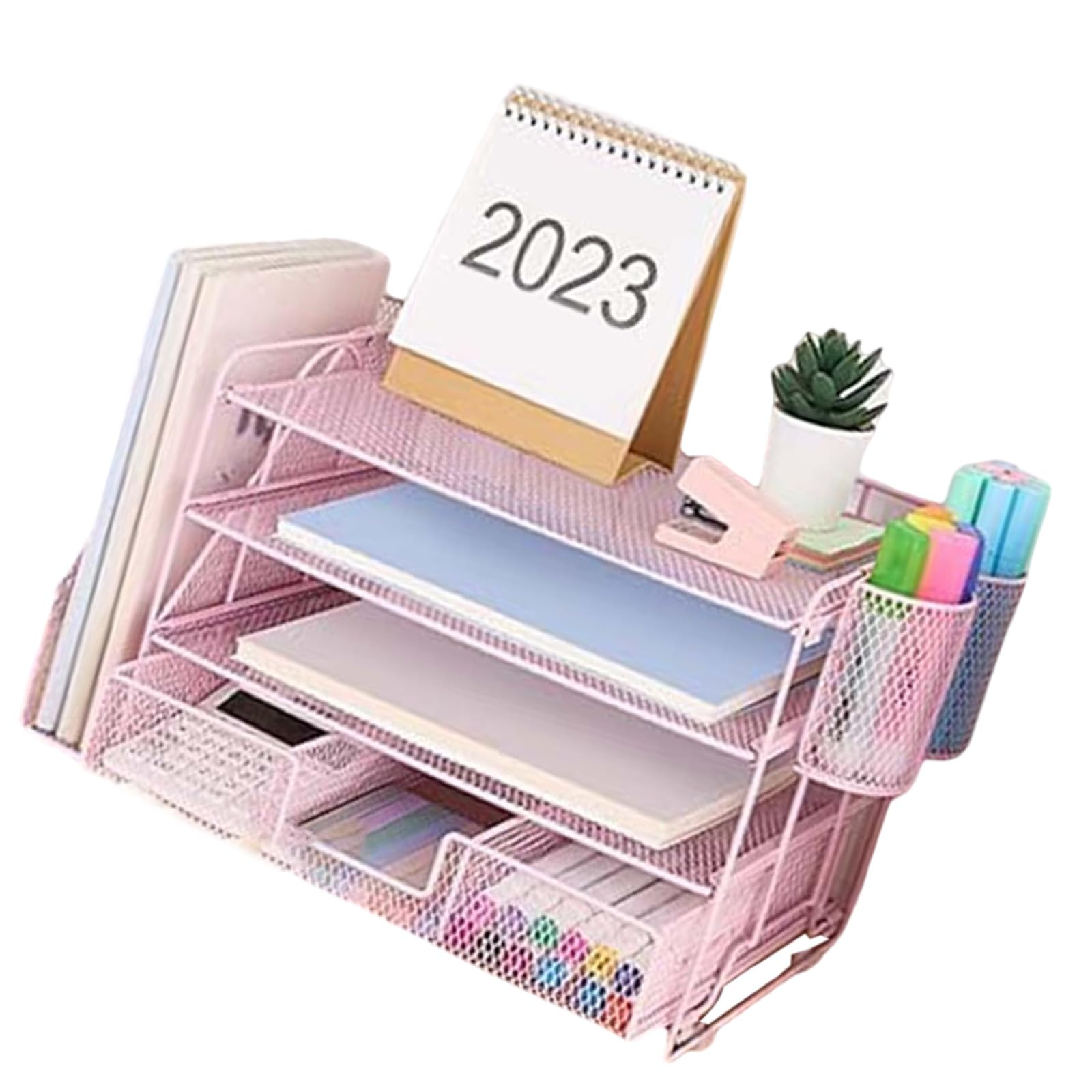 Desk Organizers 4-Tiered File Letter Tray Document Organizers with Magazine Stand Drawer & 2 Pen Cups for Paper Letter Tray