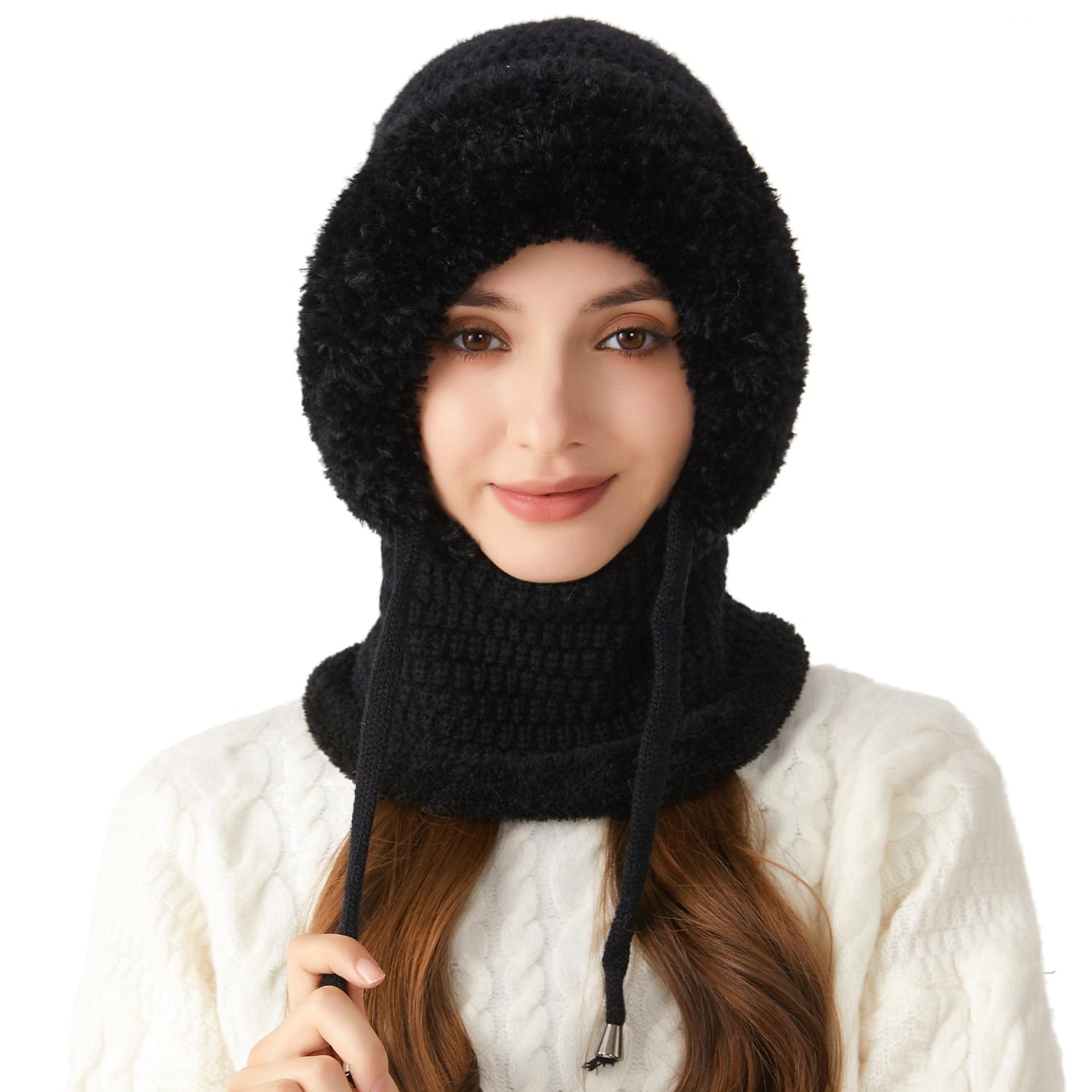Pasamontañas Invierno Mujer Cálido Sombrero con Cordón Gorro Invierno con Capucha Bufanda Balaclava Multifuncional Beanie Skull Cap para Clima Frío Esquí