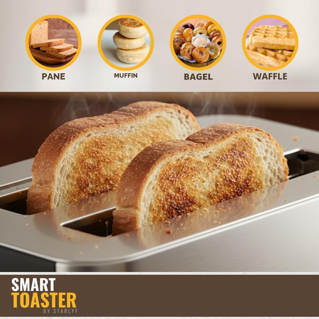 STARLYF Smart Toaster – Tostapane 2 Fette con Touch Screen LED – Slot Extra Large per Pane Spesso e Toast – 6 Livelli di Doratura – Funzioni Scongelamento, Riscaldamento e Stop – Acciaio Inossidabile