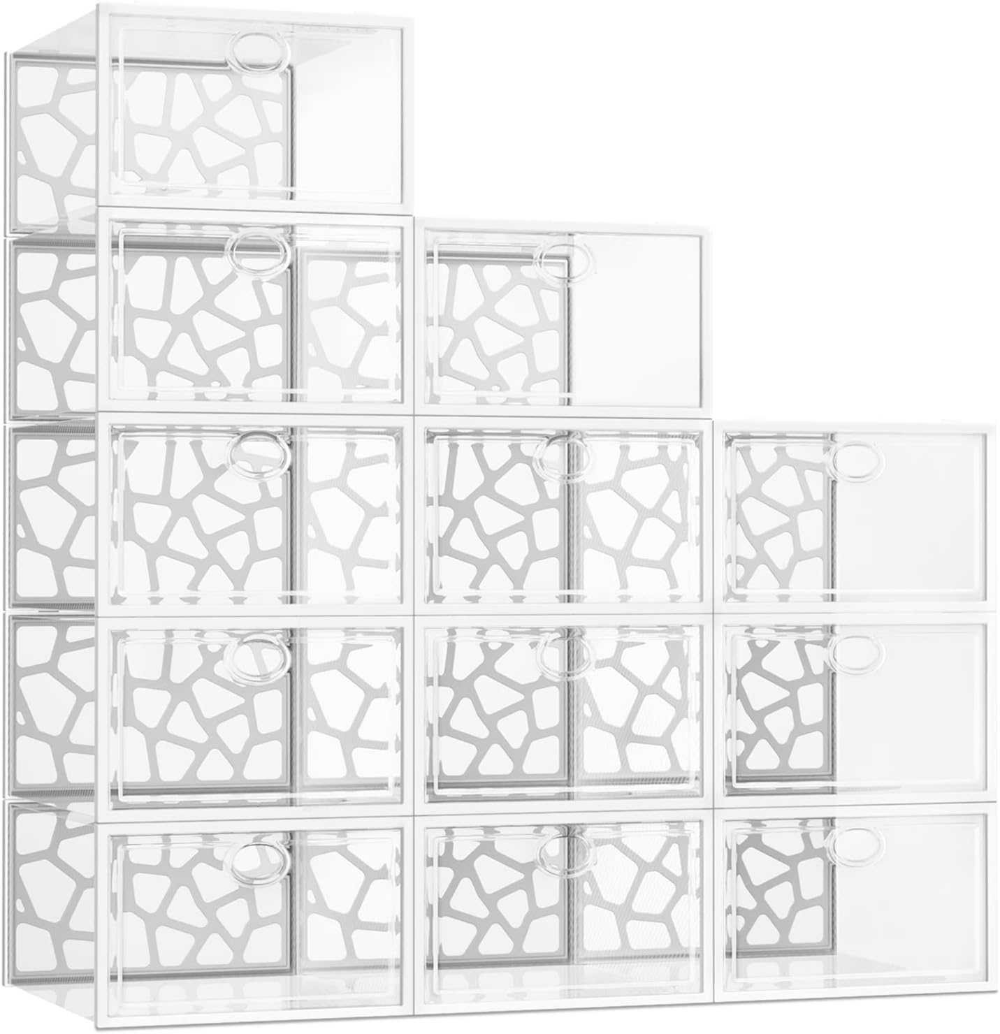 Pinkpum Large Shoe Boxes Clear Plastic Stackable, 12 Pack Shoe Storage Box Organizer for Closets, Foldable Sneaker Storage Fit for Size 11
