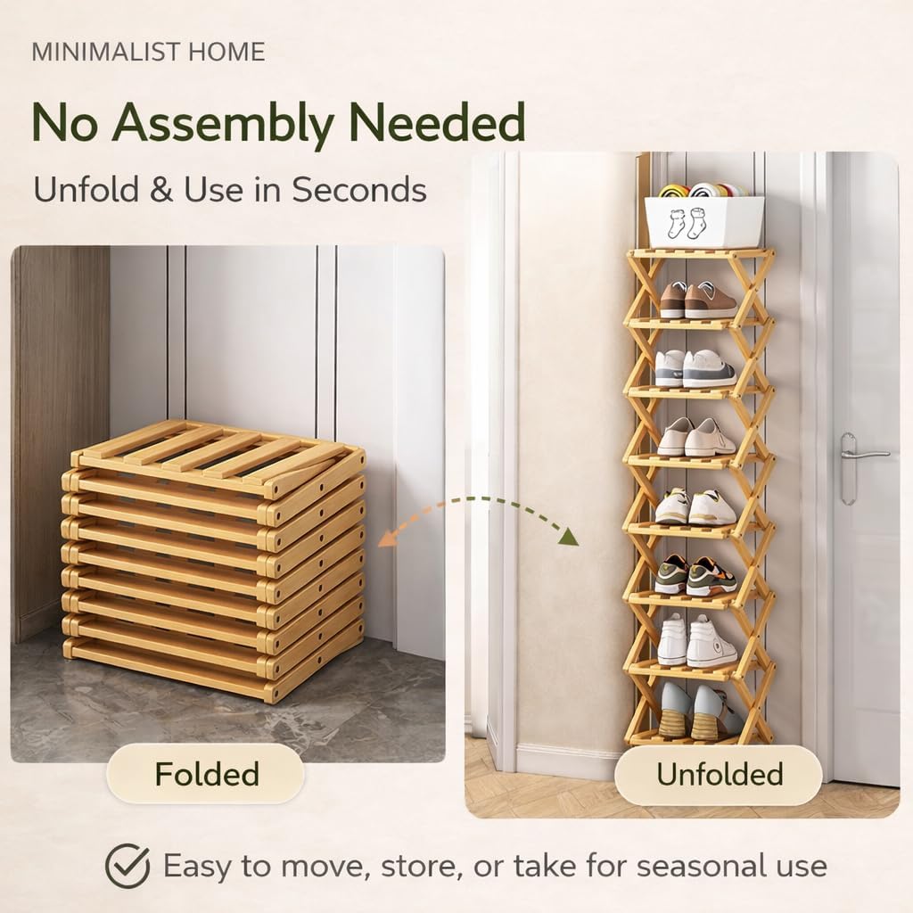 [Foldable] The 9-Tier No-Assembly Bamboo Rack, Vertical Narrow Shoe Rack,Free Standing Shoe Storage for Small Potted Plants Books Accessories Bedroom Entryway Closet Small Spaces (Yellow, 9 Tier)