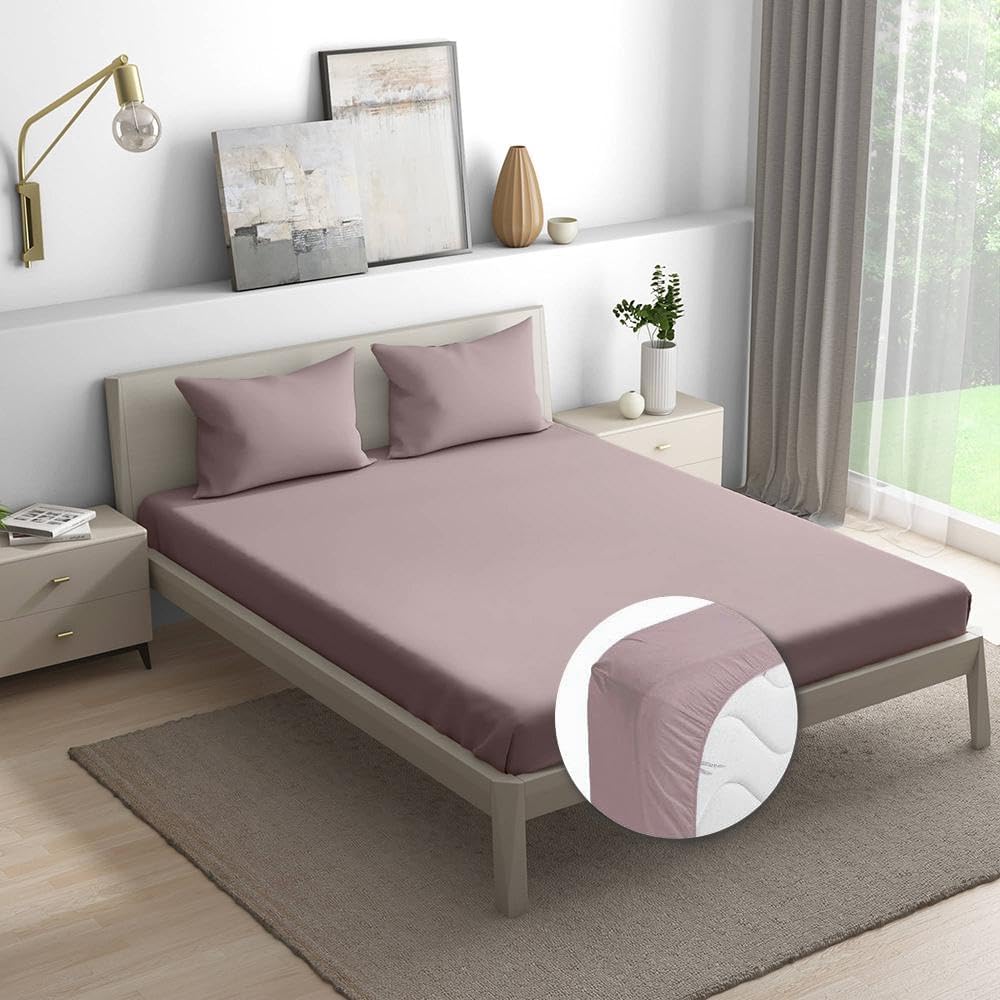 Wakefit Fitted Bedsheet for Queen Size, 144 TC 100% Cotton with 2 Pillow Covers (Elastic Fitted Sheet 78x63 inch: Wood Rose)