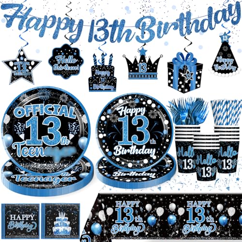 Yingoto 160pcs 13 Birthday Boy Decorations Plate, Officially a Teenager Party Decorations 13th Birthday Plates and Napkins Banner Teenage Boy Birthday Decorations 13th Birthday Decorations f