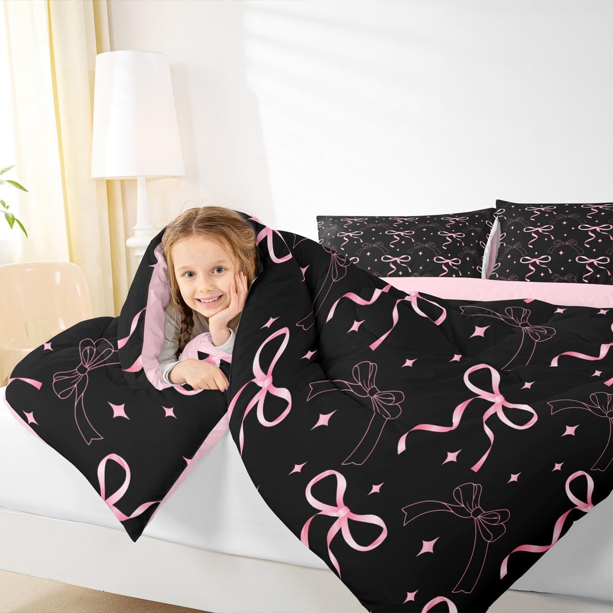 Erosebridal Pink Bowknot Comforter Set Twin Size Black Bow Knot Bedding Set for Kids Girls Boys Bow Tie Butterfly Knot Comforter Coquette Aesthetic Quilt Cartoon Geometric Bedroom Decor