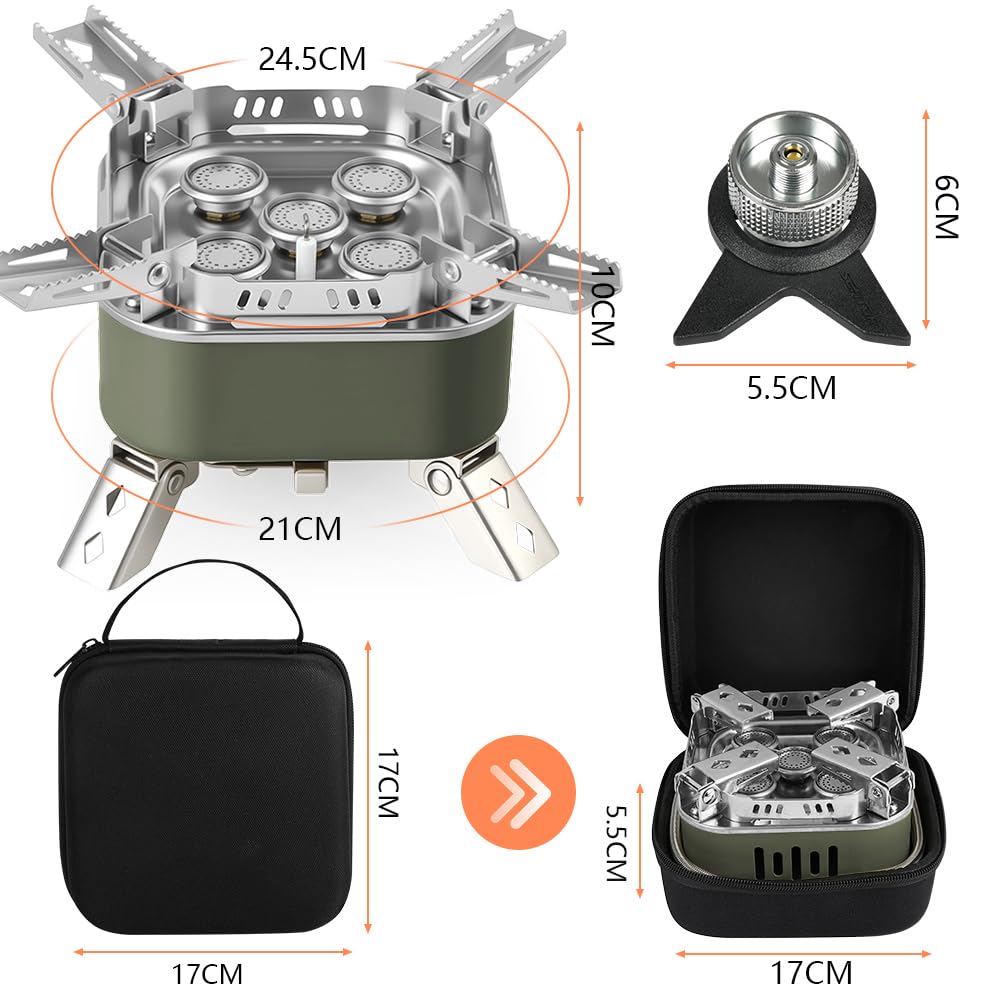 Adiwo 15800w Fornello da Campeggio, Pieghevole Gas Camping Stove Migliorato con 5 Bruciatori, Accensione Piezoelettrica e Borsa Portaoggetti, Mini Stufa da Campeggio Antivento(Verde Militare)