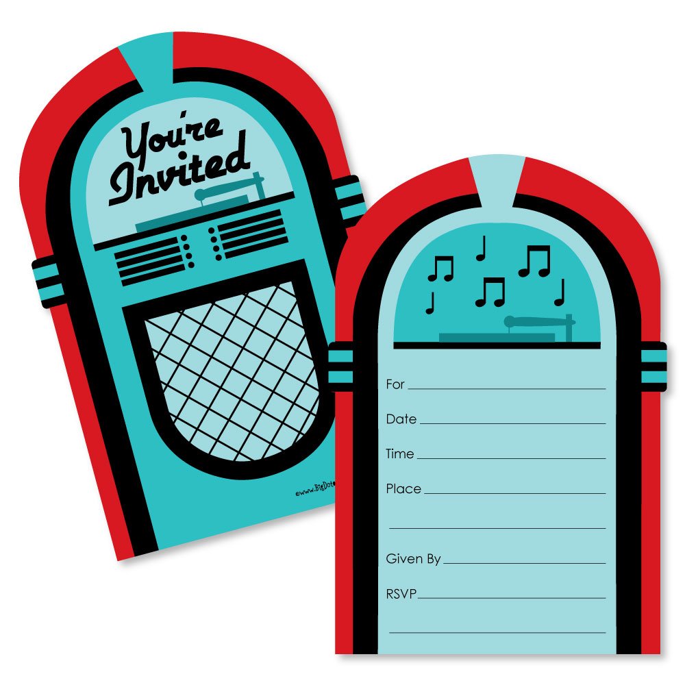 Big Dot of Happiness 50's Sock Hop - Shaped Fill-In Invitations - 1950s Rock N Roll Party Invitation Cards with Envelopes - Set of 12