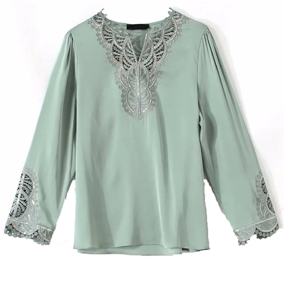 Blusas de seda para mujer, de manga larga, bordadas, elegantes, para oficina, diseño retro