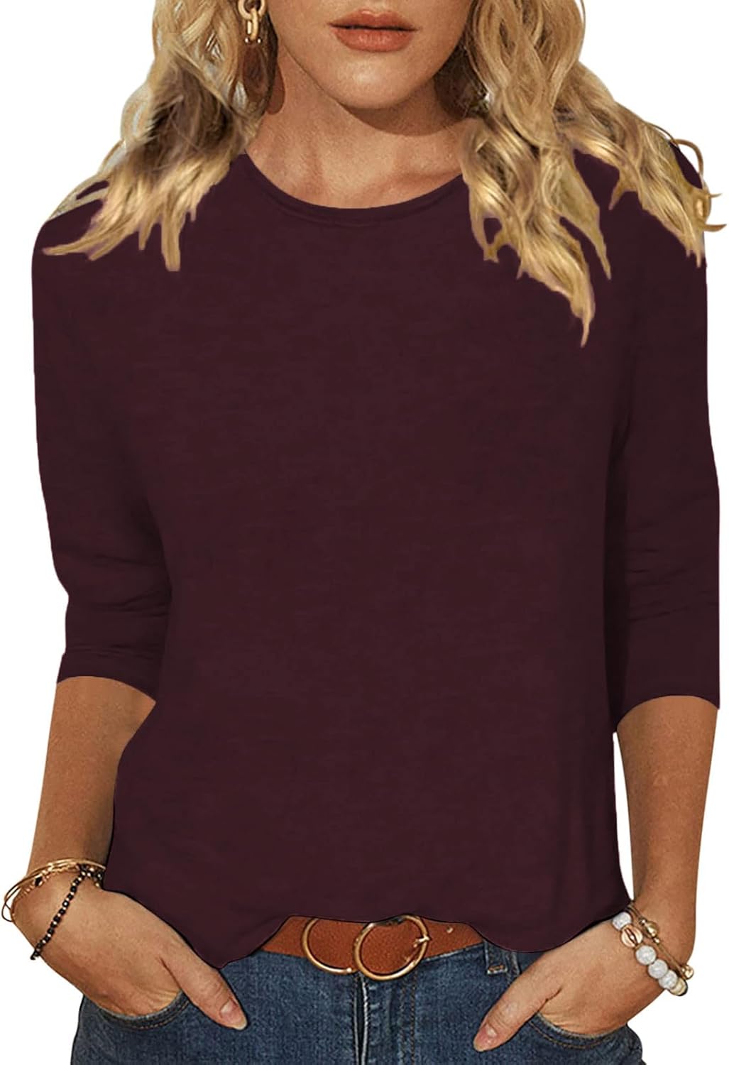 Womens 3/4 Length Sleeve Tops Crew Neck Basic Tees...