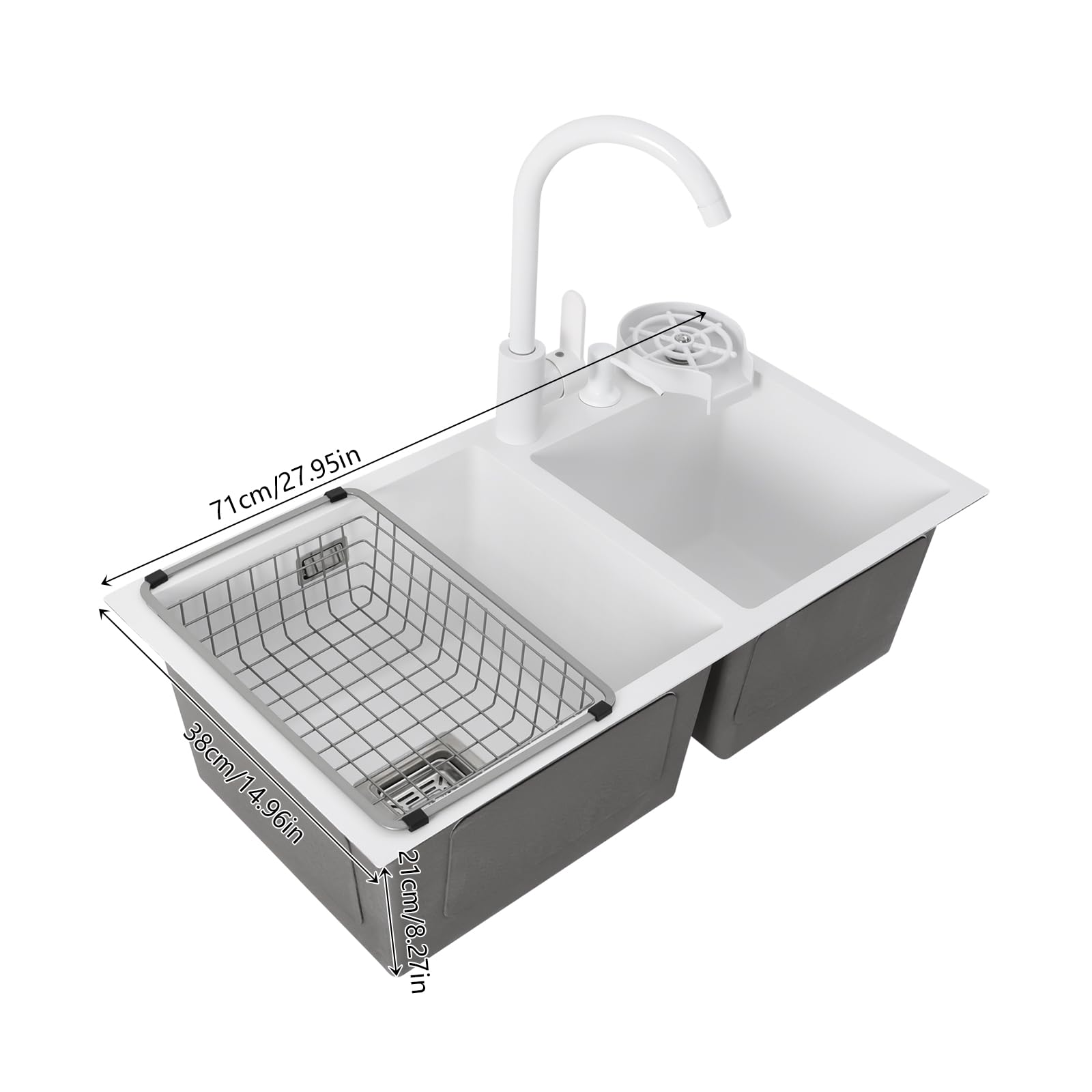 2 lavelli da cucina, 71 x 38 x 21 cm, colore bianco, in acciaio inox, con rubinetto per acqua calda e fredda, rettangolare, con sgocciolatoio, set di lavello da incasso, per appartamenti, ristoranti