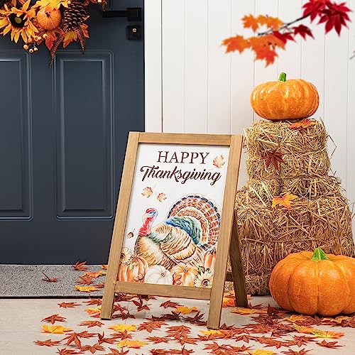 Glitzhome Thanksgiving A-Frame Free Standing Easel Sign, Decorative Slide in Turkey Pumpkin Welcome Sign for Autumn, Rustic Happy Thanksgiving Fall Harvest Hanging Decor for Wall Front Door, 24H