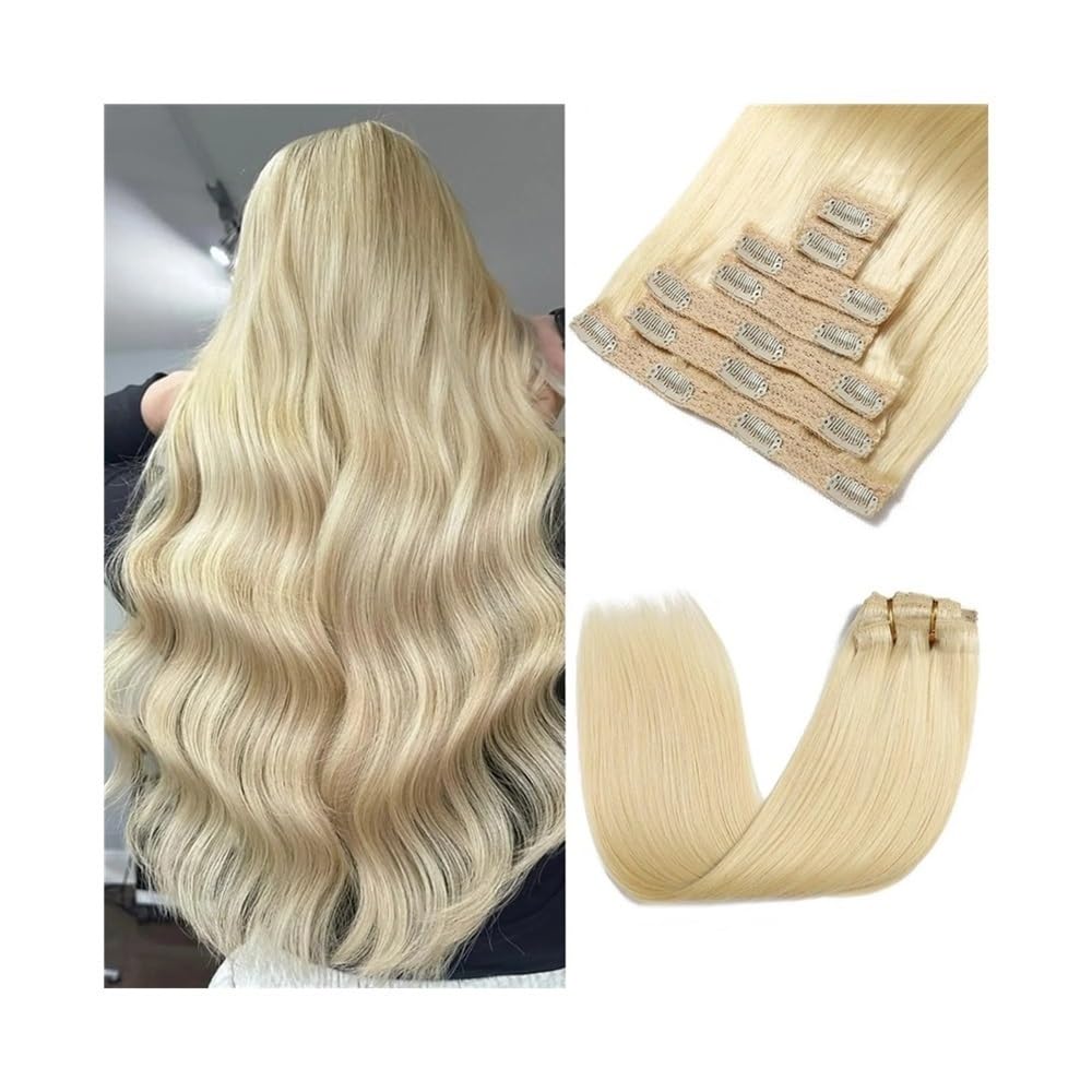 Przedłużki do włosów z klipsami, prawdziwe ludzkie włosy Remy, 25,4-66 cm, nr 613, rozjaśniony blond, 7 sztuk, naturalne, miękkie, gładkie, podwójne pasma dla kobiet (61 cale)