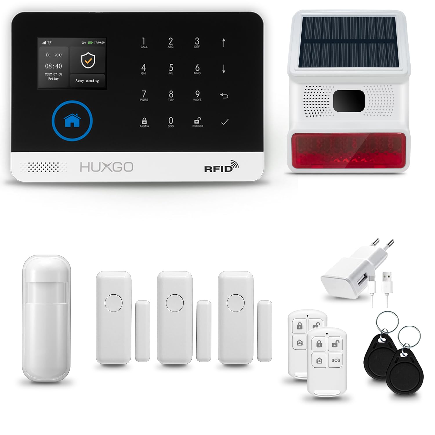 HXA003 Funk Alarmanlage Set WiFi + GSM 4G mit Solar Alarmsirene | Alarm System mit Bewegungsmelder, 3X Fensteralarm/Türsensoren | Alarmanlage fürs Haus, Wohnung, Wohnmobil | Smart Home