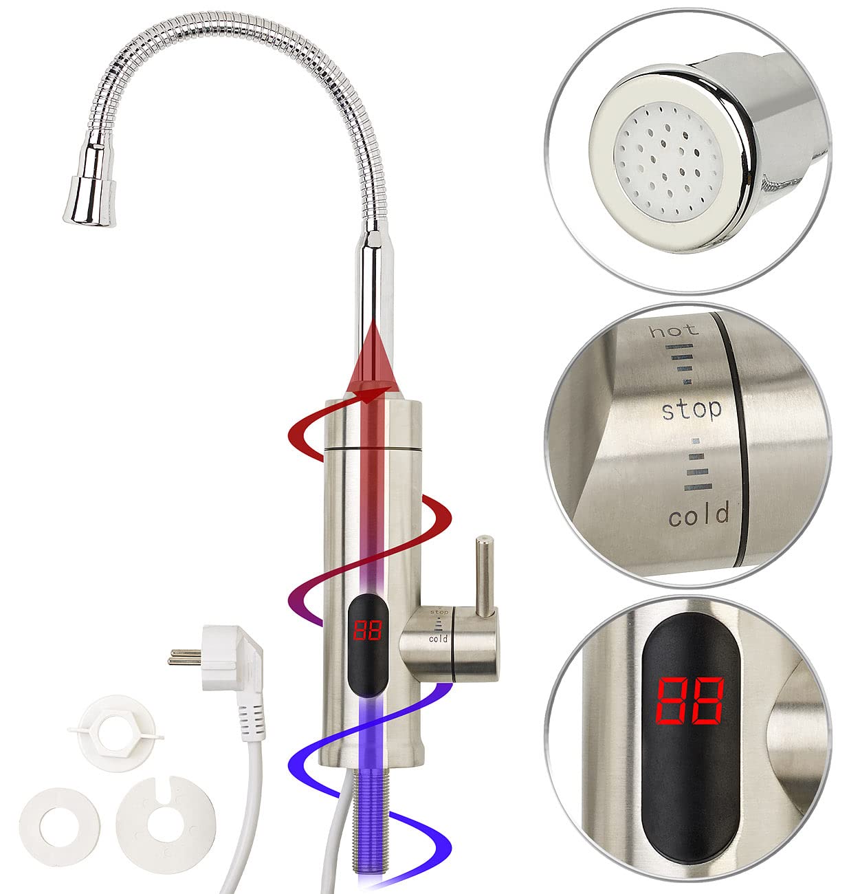 Rosenstein & Söhne Elektrischer Wasserhahn: 2in1-Edelstahl-Armatur & Durchlauferhitzer, LED-Display, 60 °C, 1/2" (Durchlauferhitzer Wasserhahn, Duscharmatur mit, Bad)