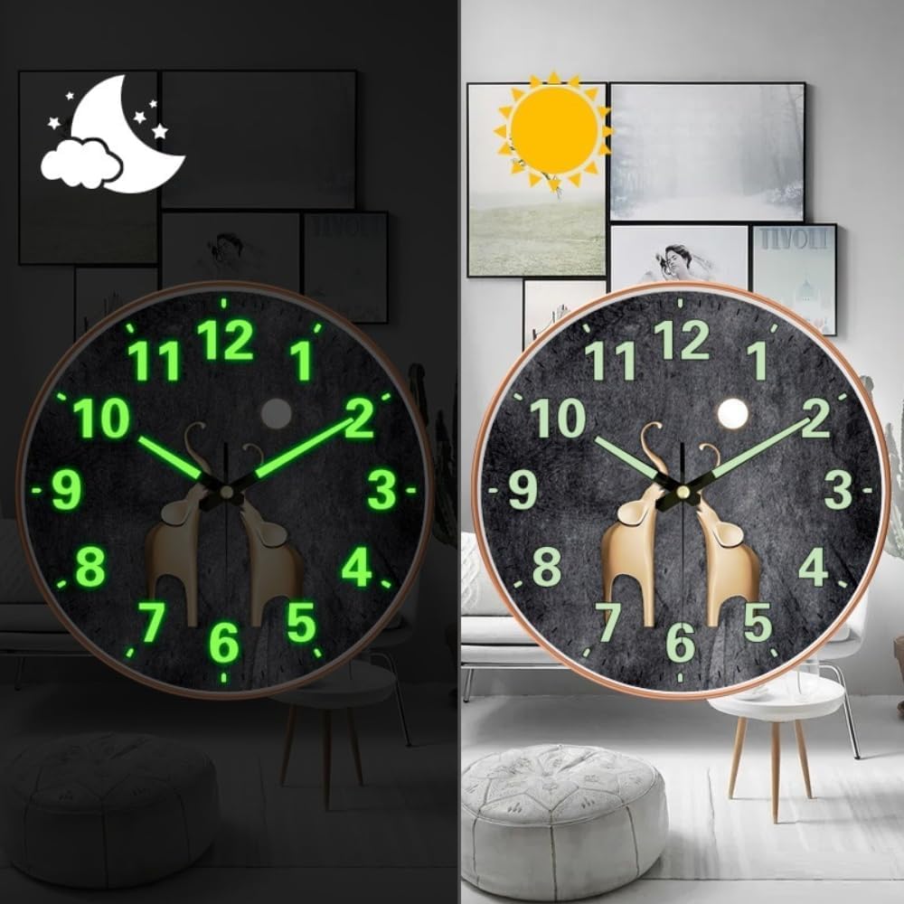 ginoya brothers Round Analog Wall Clock with Wooden Finish Dial, Bold Golden 3D Numbers, Silent Sweep Movement, Battery Operated Wall Décor Clock for Home, Office & Bedroom (Radium Elephant)-image-3
