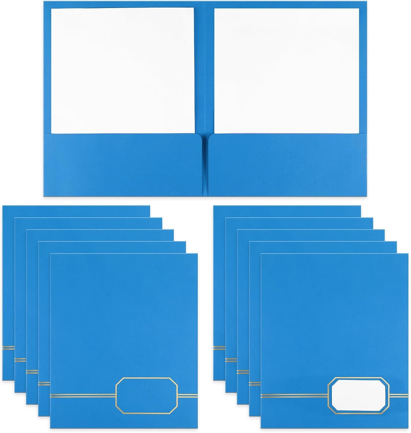 Kisston 10 Pack Executive Twin Pocket Folders Letter Size Sky Blue with Gold Foil Trim Textured Folders with 2 Pockets for Home Business Office
