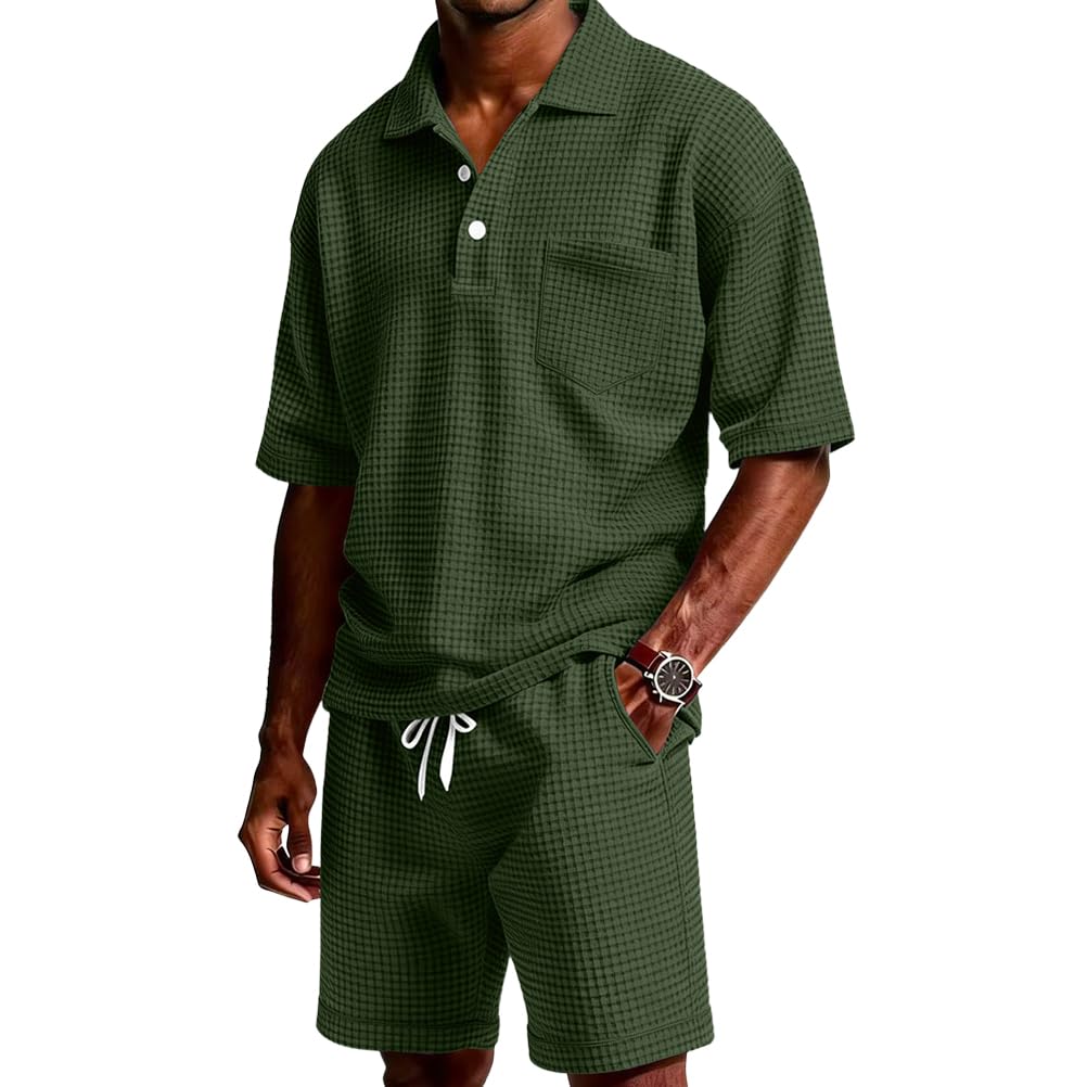 Herren Trainingsanzug 2 Teiler Sommer Outfit Shorts und Poloshirt Set Kurzarm Sportanzug Zweiteiler Casual Jogginganzug Freizeitanzug