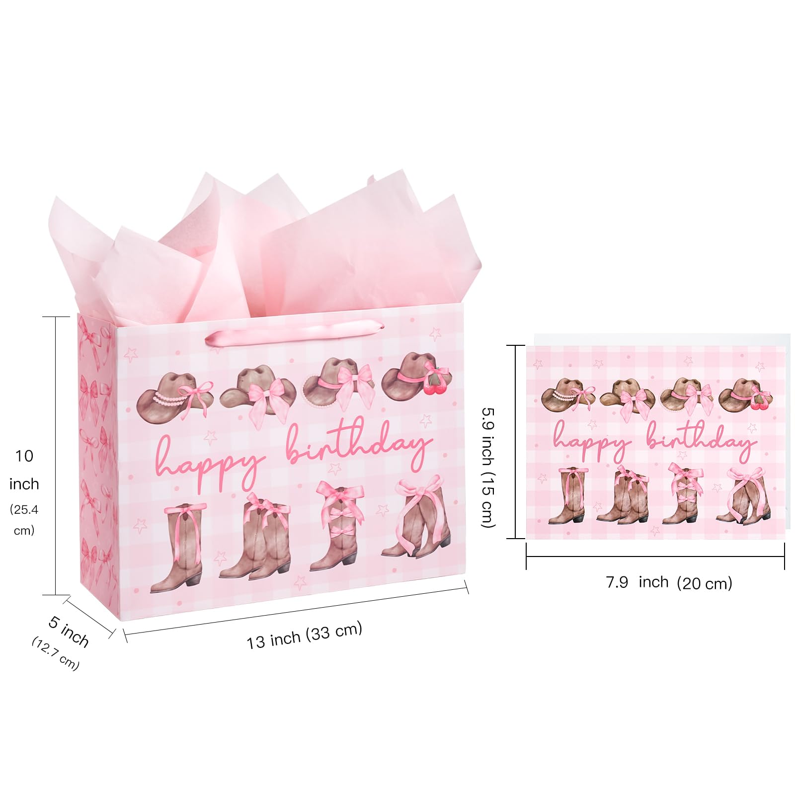 WRAPAHOLIC 13" Large Pink Cowgirl Birthday Gift Bag with Card and Tissue Paper - Western Bow Happy Birthday Wrapping Paper Bags for Party Favors Decor Girls Women Supplies