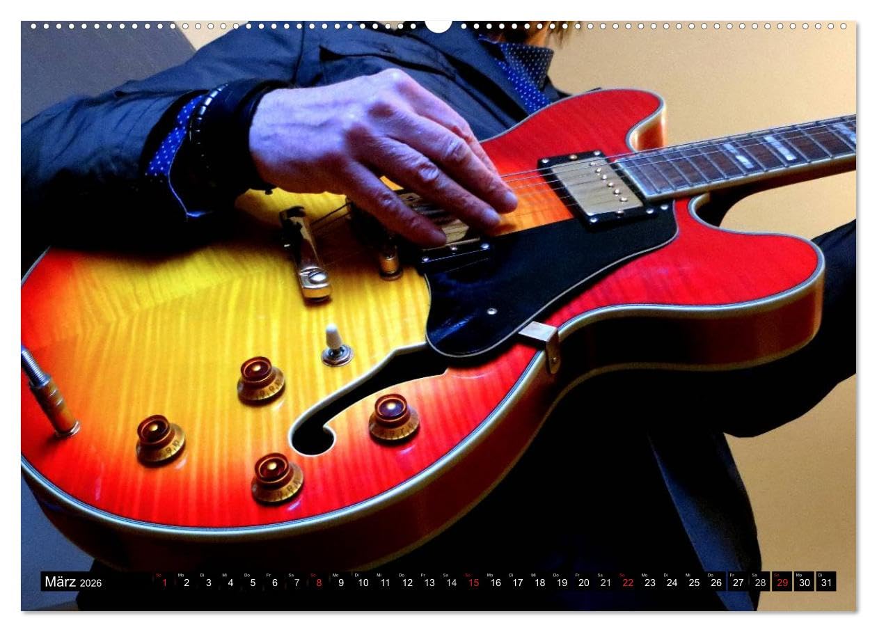 JAZZGITARREN in Szene gesetzt (hochwertiger Premium Wandkalender 2026 DIN A2 quer), Kunstdruck in Hochglanz: Auf jedem Kalenderblatt präsentiert sich ... beliebte Gitarrenschönheit (CALVENDO Kunst)