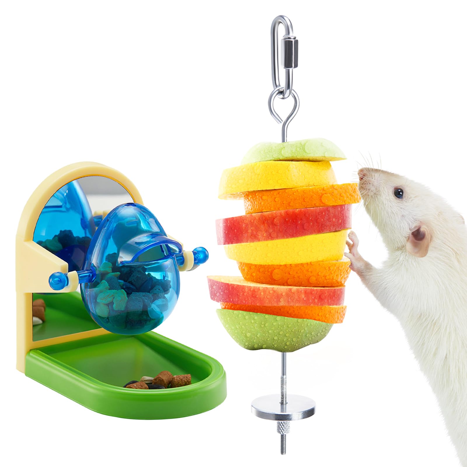 Jevnd 2Pcs Rat Enrichment Toys Set - Stainless Steel Fruit/Veg Holder & Treat Dispenser, Interactive Foraging Puzzle Toys for Rats/Mice/Birds, Cage Accessories with Hanging Feeder & Intelligence Game