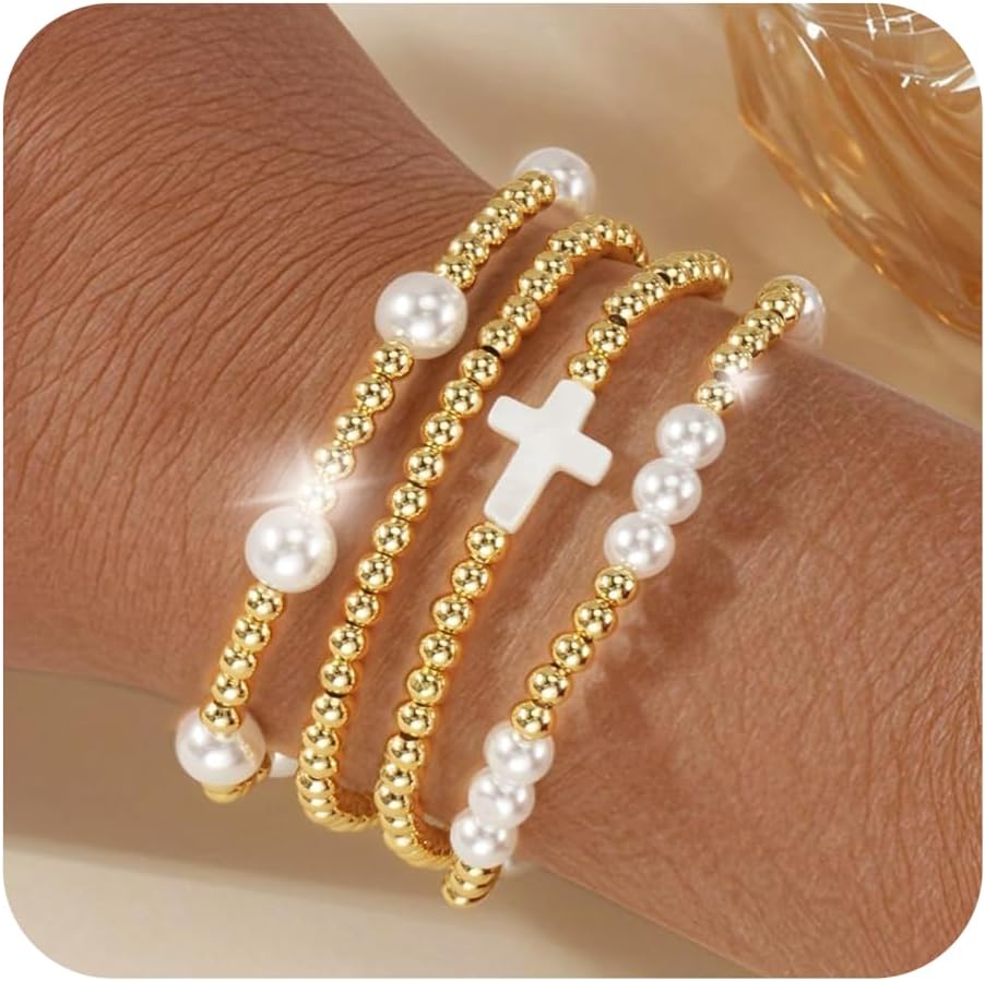 14K Gold Pearl Beaded Cross Bracelets Stack Set for Women,Stretch Boho Colorful Christian Beads Ball Jewelry Trendy Gift