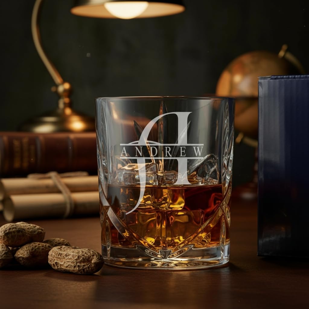 ukgiftstoreonline Personalised Custom Engraved Crystal Cut Whiskey Glass with Name and Stylish Letter