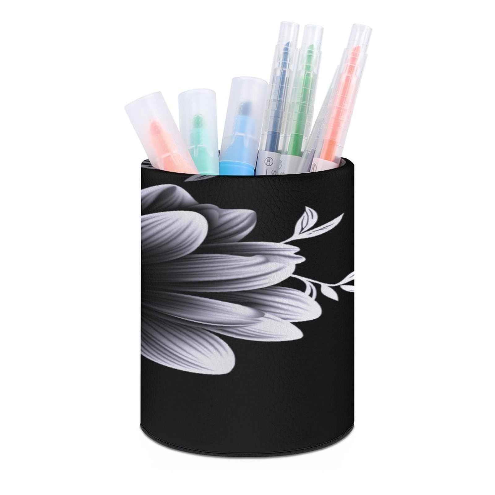 JTREHY - Round Flower Pen Holder Black with Makeup Brush Holder, PU Leather Cup Holder Stationery Organizer Office Accessories Box