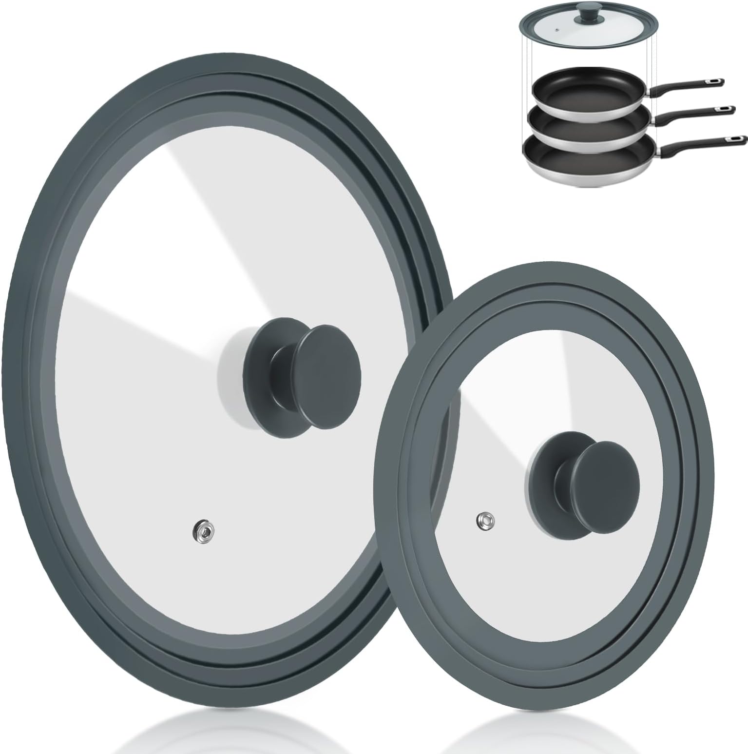 Universal Lid for Pots Pans and Skillets, 2 Pack Pan Cover fit 7", 8" 9" & 10", 11", 12" Diameter Cookware, Silicone Replacement Pan Lid Pot Lids for Frying Pans, Cast Iron,Tempered Glass Lid (Gray)