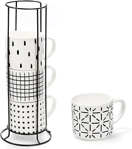TOPZEA Juego de 4 tazas de café apilables con soporte, juego de tazas de café de cerámica de 15 onzas con soporte de metal para capuchino, café con