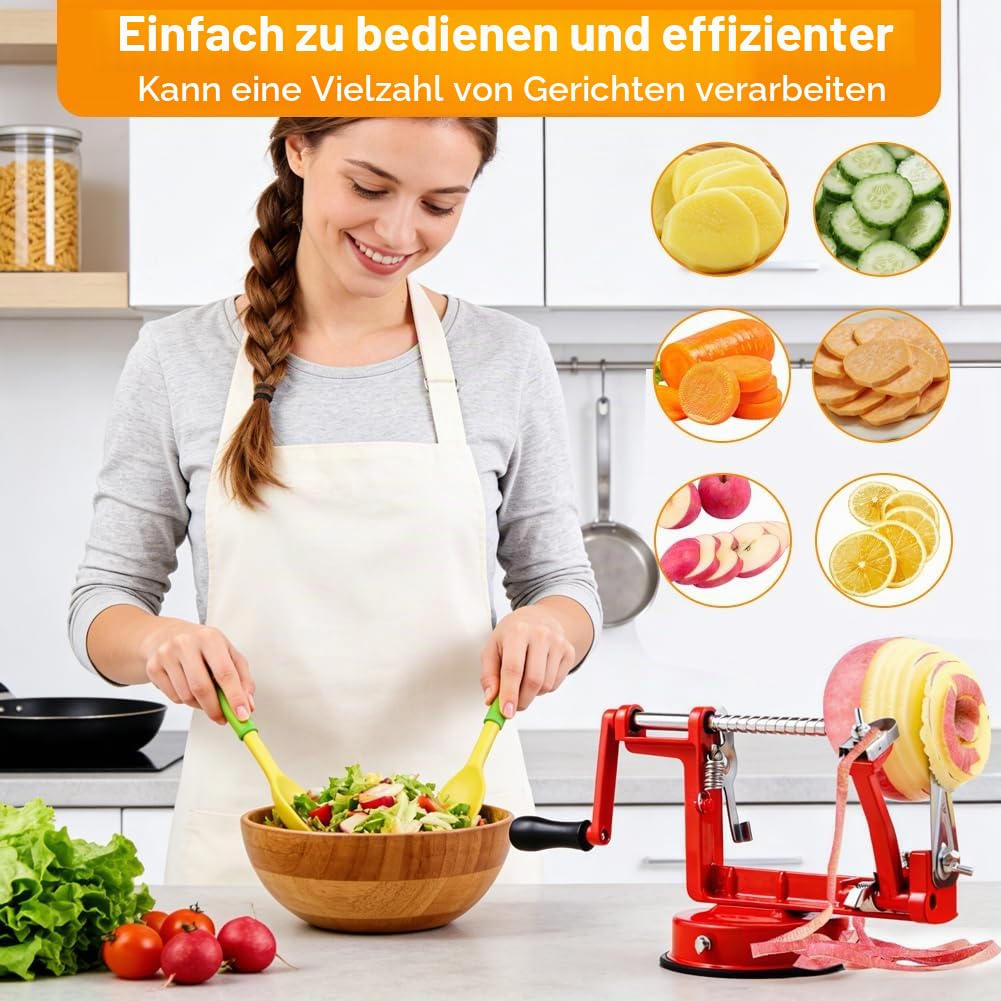 Apfelschäler 3 In 1 Mit Kurbel, Apfelschneider, Apfelentkerner, Apfelschälmaschine Mit Stahlklingen, Multifunktionale Schälmaschine Für Obst Und Gemüse, Rot