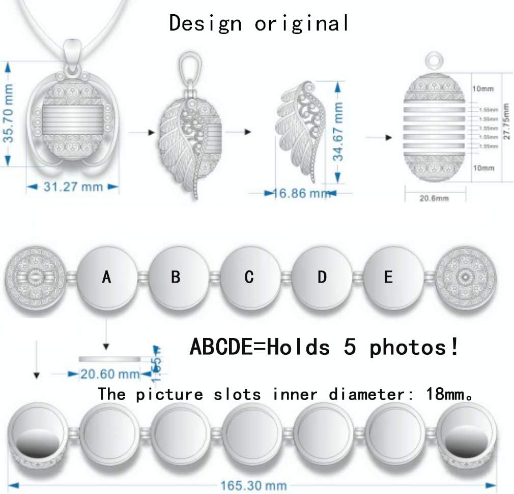 5 Pics Photo Necklace Love Heart Locket Expanding Photo Pendant Ball Locket with Wing Design Necklace