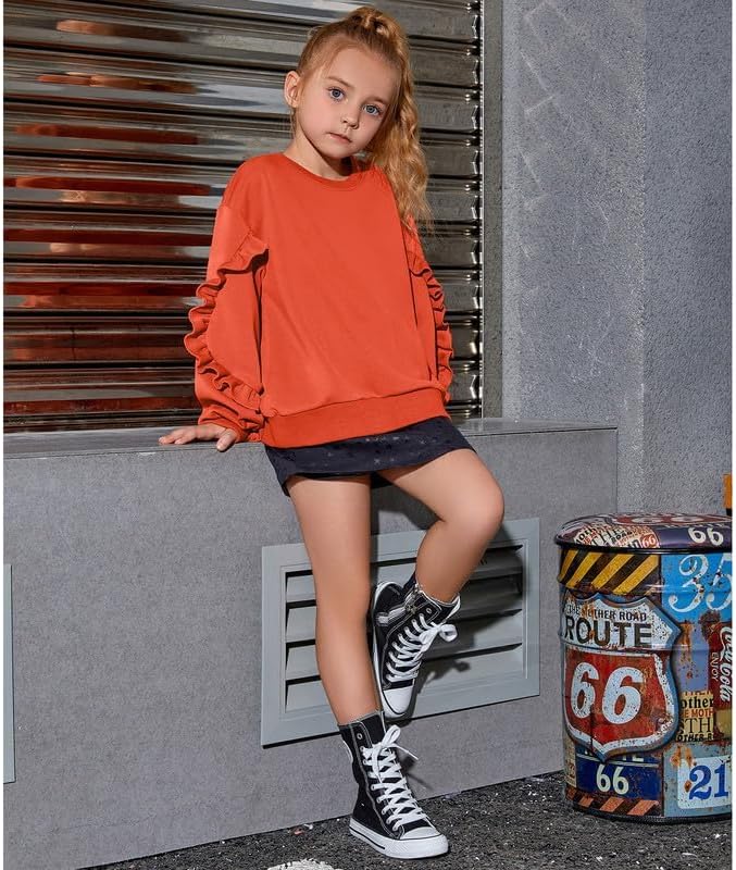 Mirawise Girls Pullover Crewneck Sweatshirt with Ruffle Trim Long Sleeve Cute Oversize Hoodie Solid Tops Sweaters for 4-13Y - Image 4