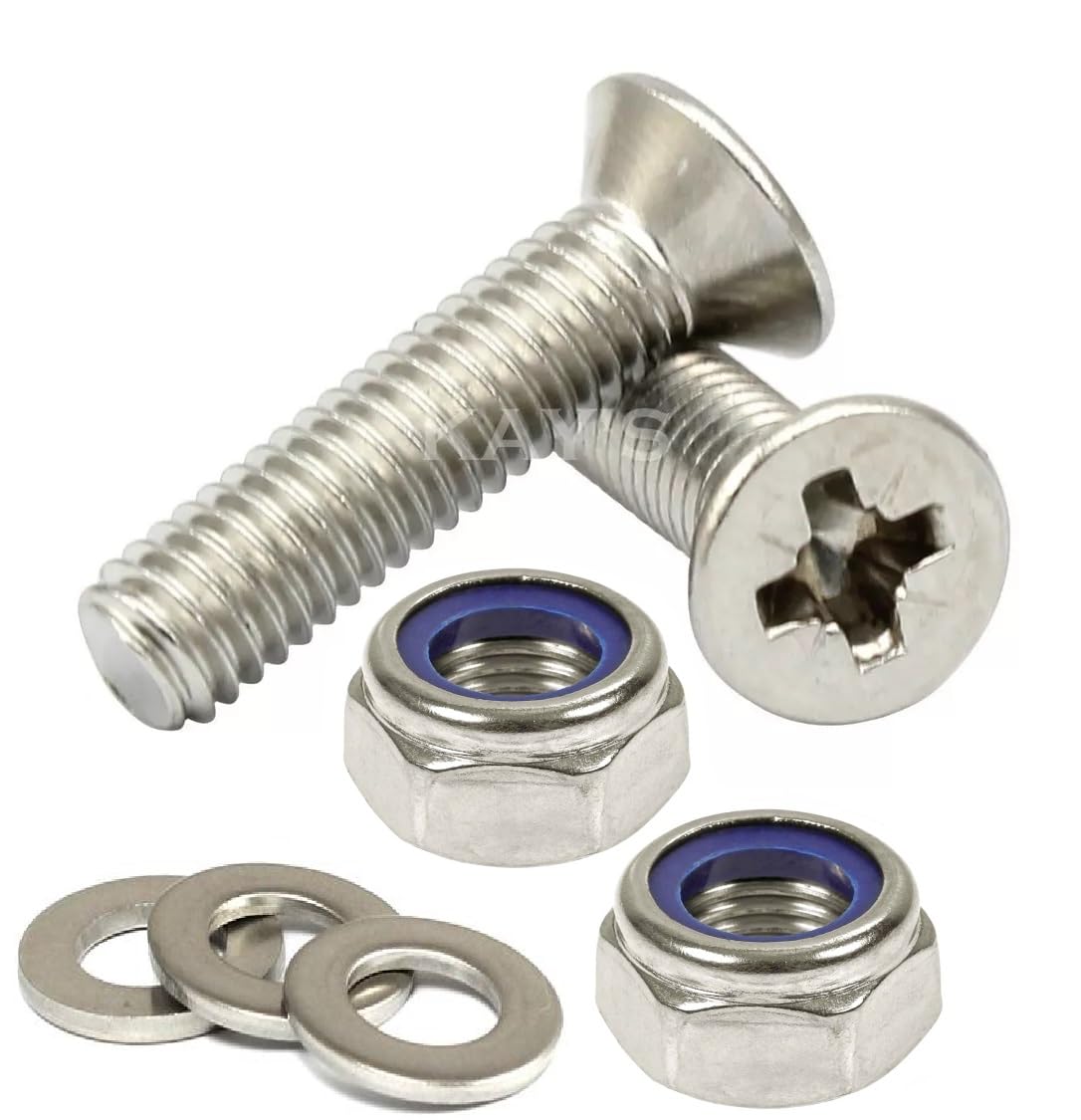 M4 Pozi Countersunk Machine Screws + Nylock's & Washers A2 Stainless Steel (50, M4 x 20mm)
