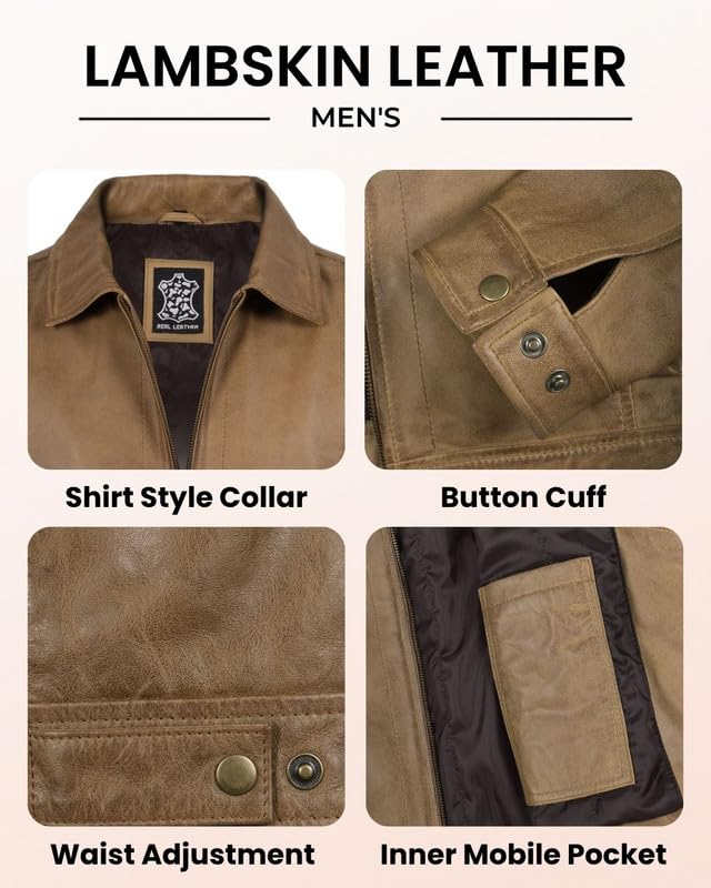 Image of Blingsoul Vintage Distressed Leather Jacket for Men - Shirt Collar Genuine Lambskin Mens Leather Jacket