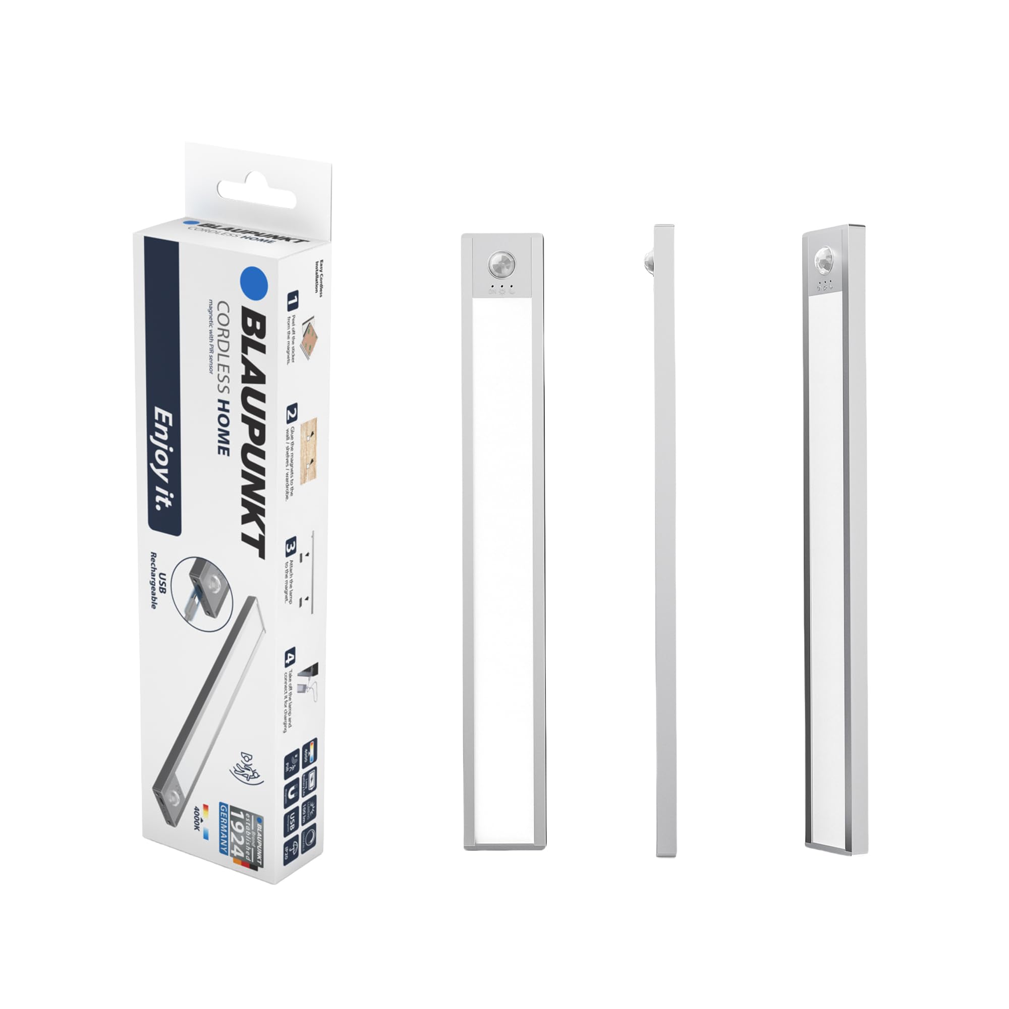 BLAUPUNKT, Rechargeable Battery LED Light Bar, Magnetic, Motion Sensor, Under Cabinet, 2 Modes, Warm White, Lamp for Bedroom, Living Room, Wardrobe, Drawer, Mirror, Kitchen, Staircase Lighting