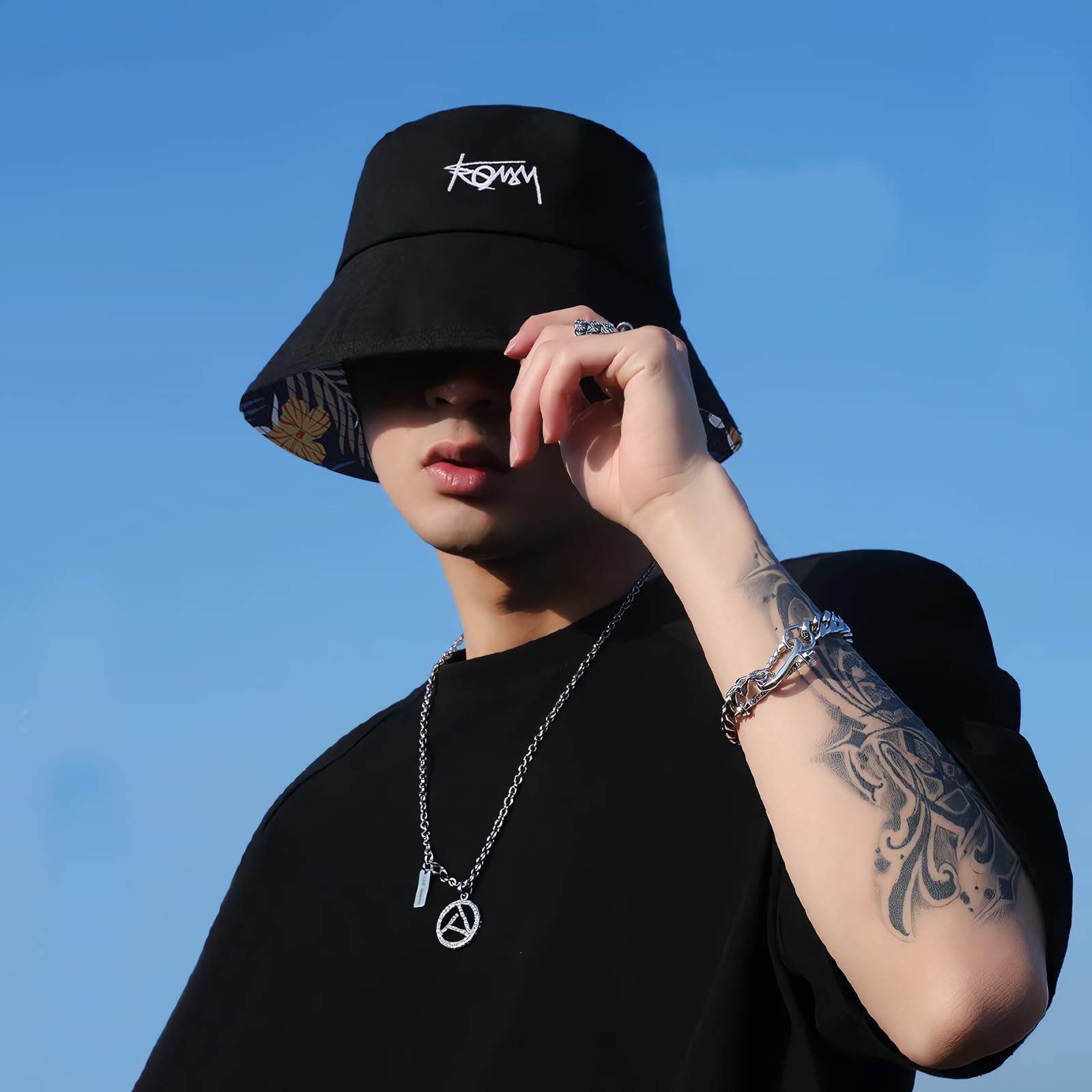 LumiSyne Chapeau De Pêcheur Réversible Unisexe Couleur Unie avec Lettres/Imprimé Style Hawaïen Bob Chapeau De Seau avec Jugulaire Détachable Pliable Coton Chapeau De Soleil pour Été Plage Voyage