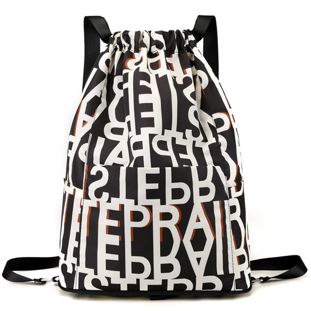 VOPZON Drawstring Foldable Large Capacity Dry-wet Travel Sports Backpack，Lightweight Travel Backpack (Black background letters)