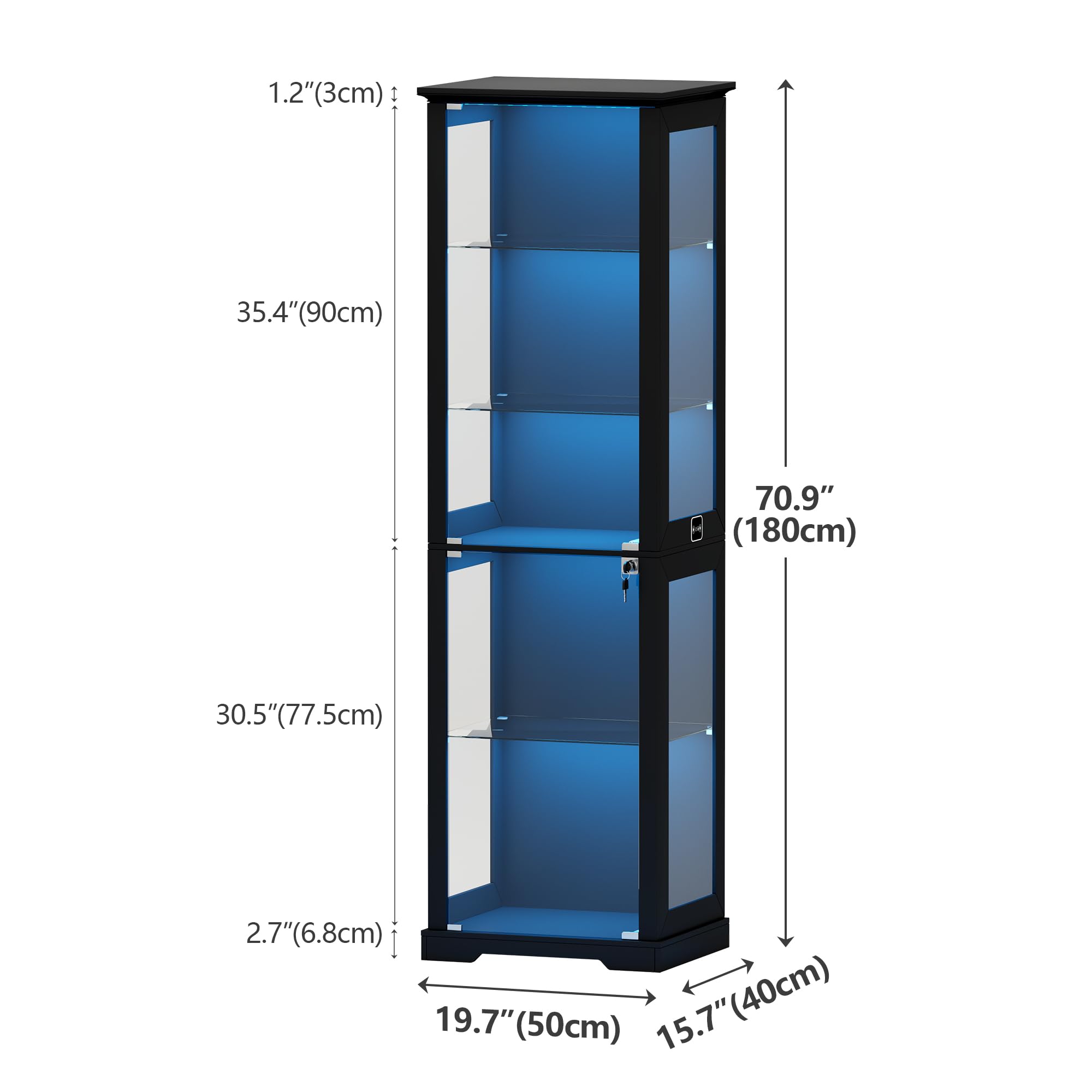 Lvifur Vitrina de cristal de 5 capas de 180 cm, con iluminación LED y puertas de cristal, color negro | Vitrina con sensor inteligente para coleccionables