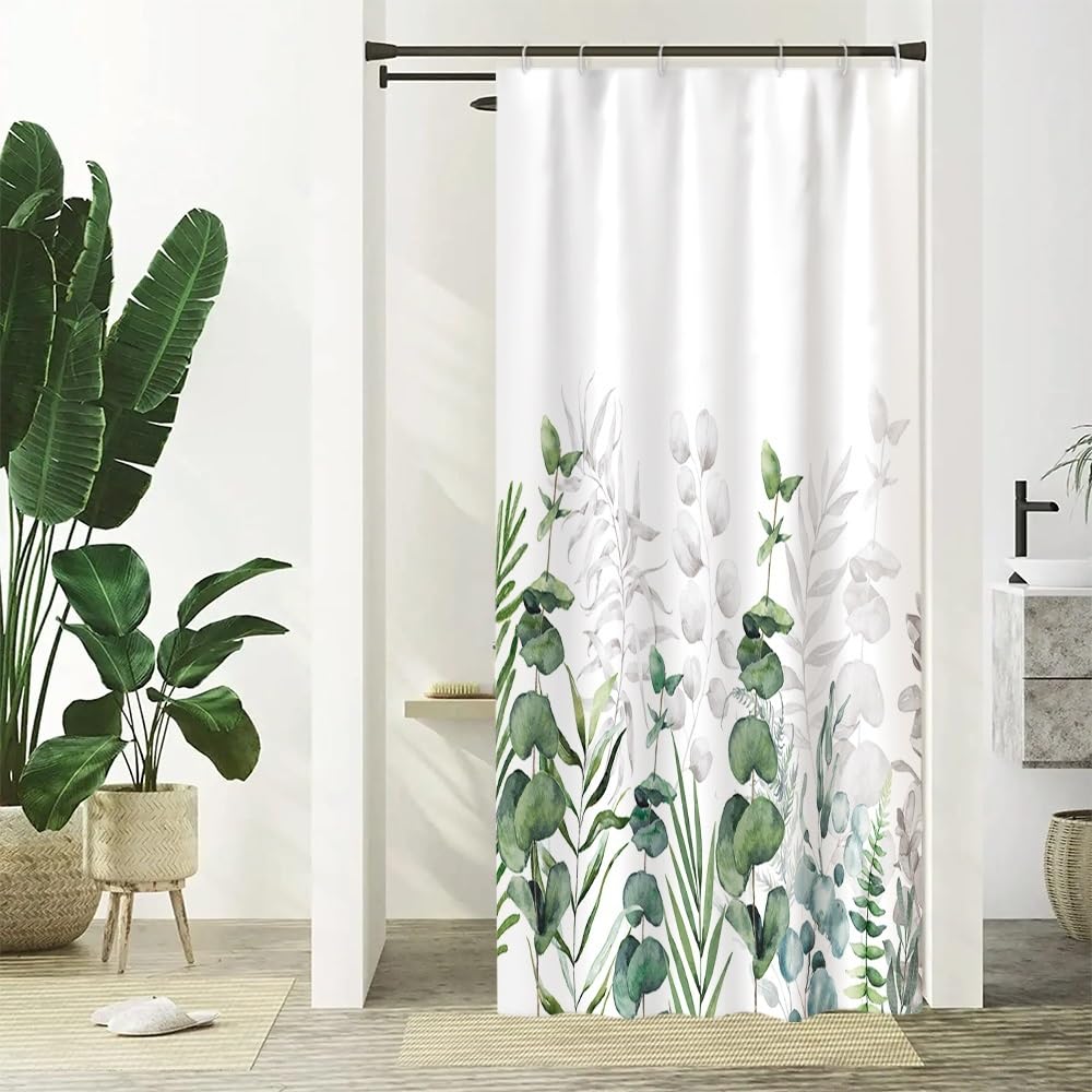 Uiiooazy Cortina de Ducha Eucalipto, Cortina de Ducha Hojas Verde Flores Cortinas de Ducha Anti Moho Impermeable Polyéster Tela Lavado Cortina Ducha para Baño con Ganchos 90x180cm