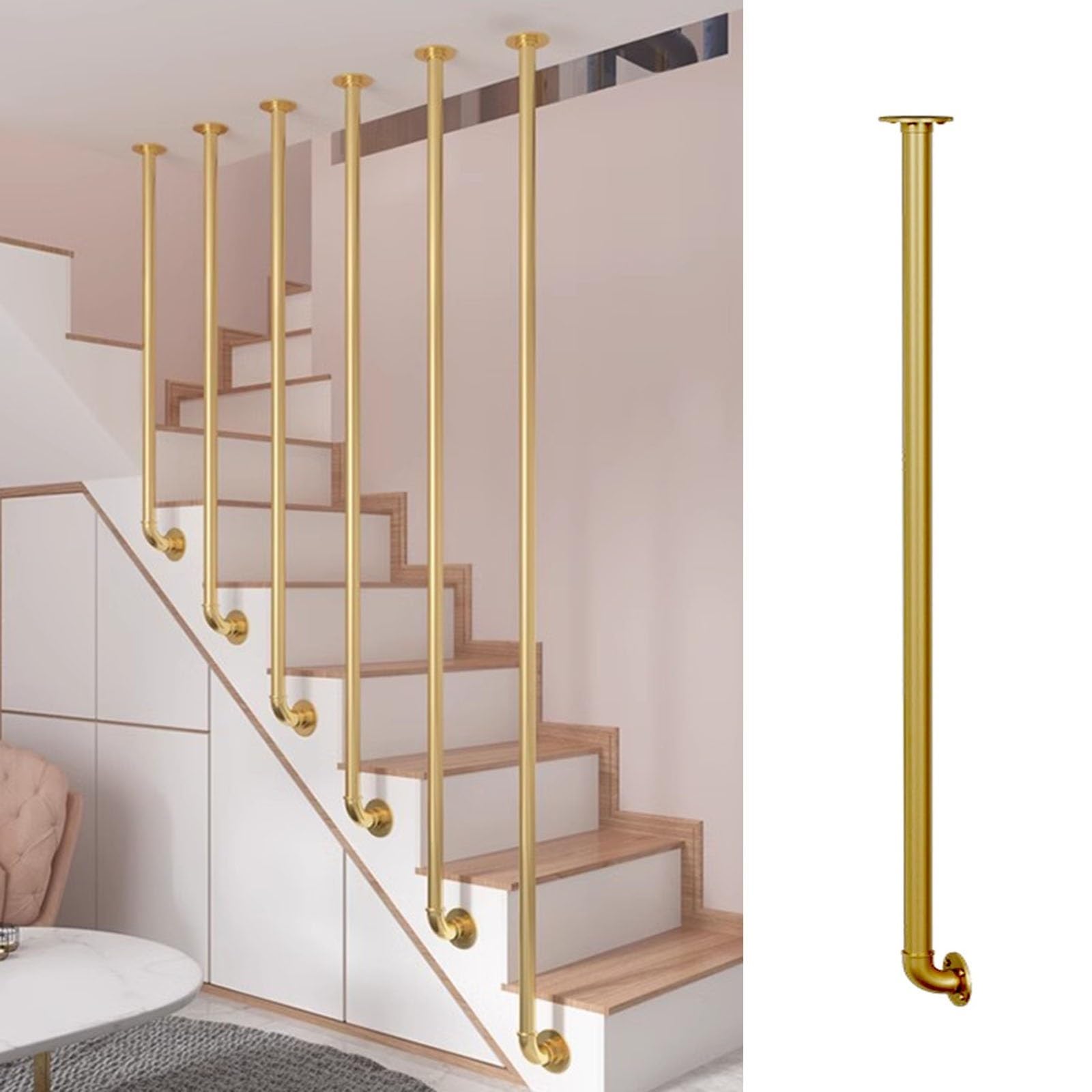 Customizable Metal Stair Railing, Side-Mounted Balusters for Straight & Angled Stairs, Easy Installation, 205cm, Elegant Gold Finish