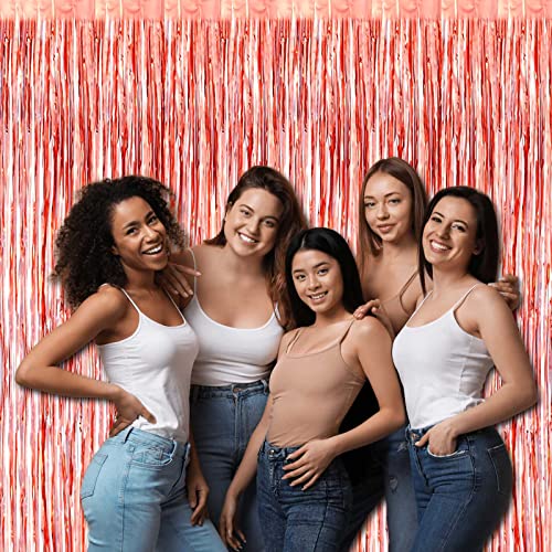 Image of 4 Pack Rose Gold Foil Fringe Curtain Backdrop, 3.28Ft x 8.2Ft Metallic Tinsel Foil Fringe Streamers Curtains for Party,