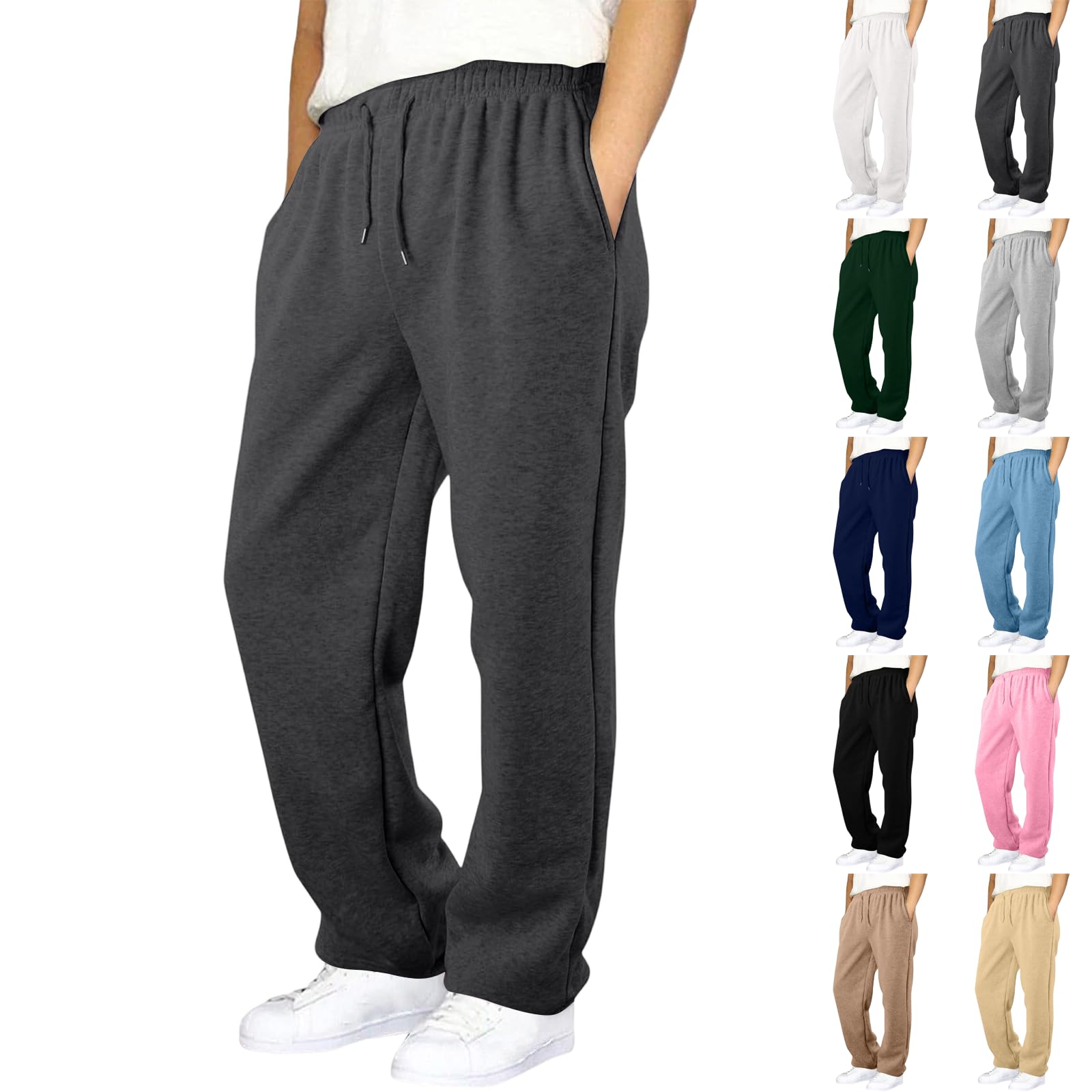 eoeioa Uncuffed Joggers for Men Elastic Waist Warm Fleece Sweatpants Trendy Tapered Gym Comfy Baggy Track Pants with