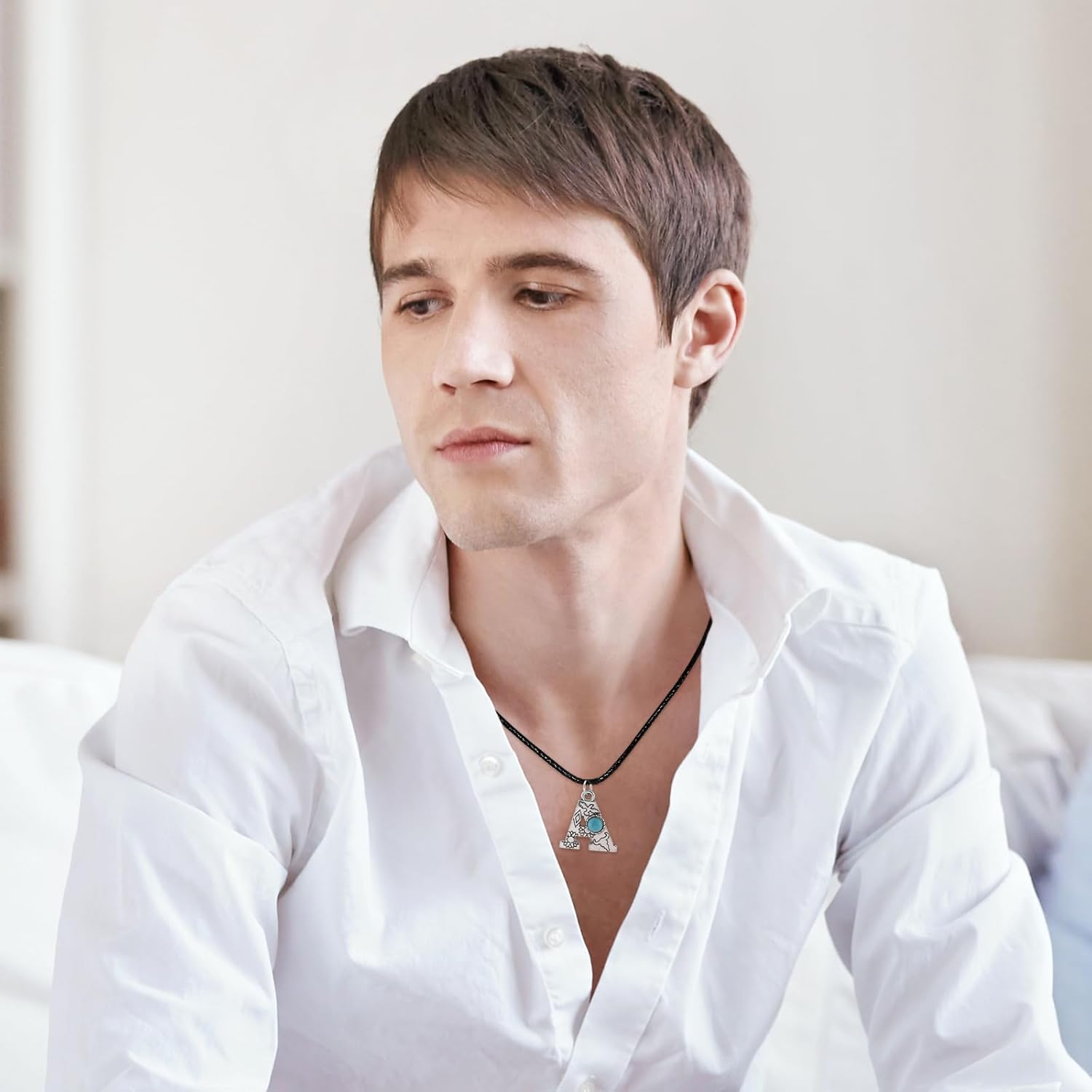 Silver Initial Necklace for Men Women - Vintage Turquoise A-Z26 Letter Pendant - Western Cowboy Style Leather Necklace (A) - Image 3