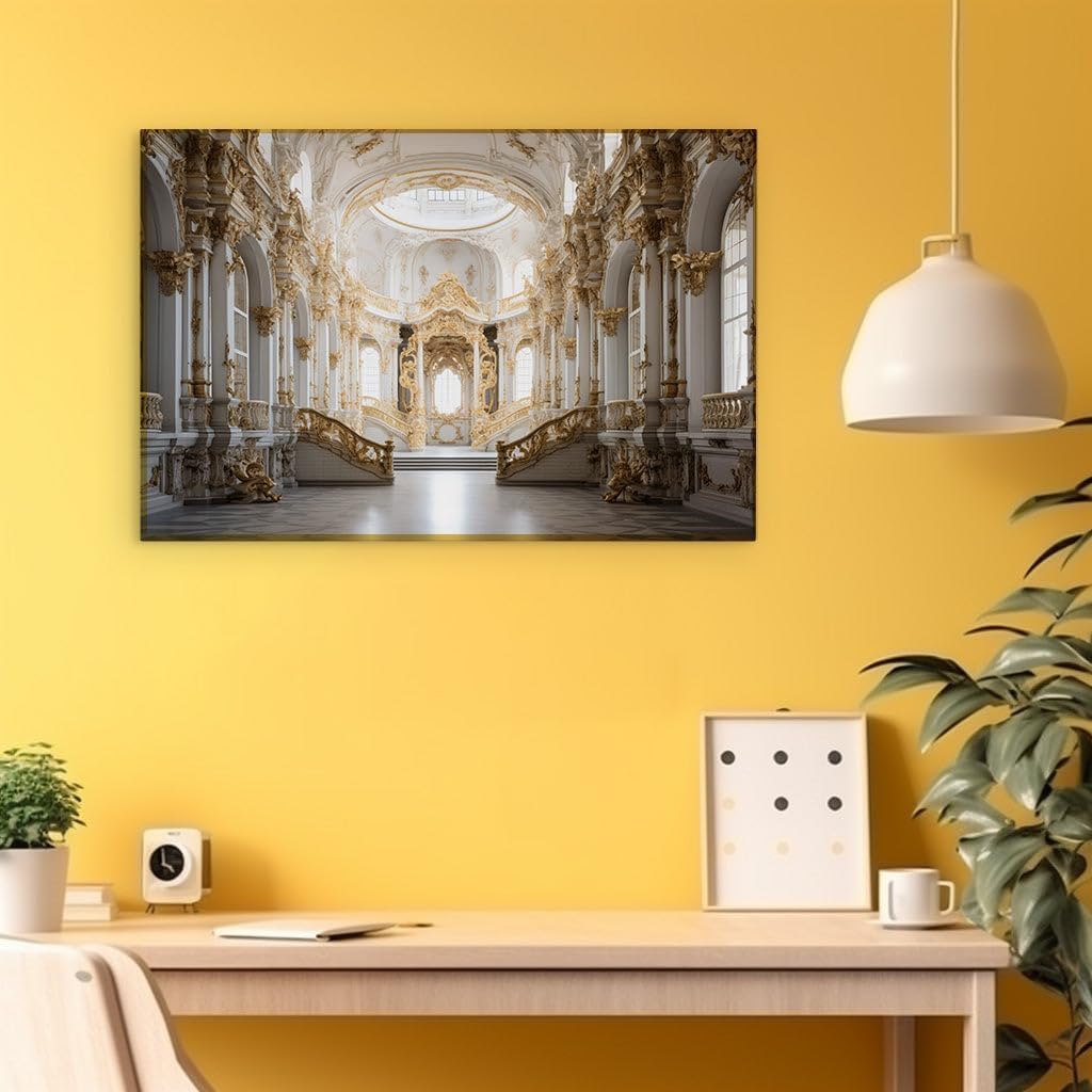 Canvas for Living room. Grand Staircase Majesty Inside the Luxurious White and Gold Palace Oasis, 27 x 18 inch Canvas Wall Art - Modern Home Decor - 69x46 cm (27x18 inch)